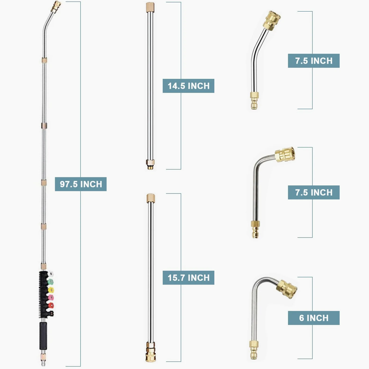 Set de Barres Télescopiques pour Nettoyeur Haute Pression | 10 Pièces Lances Acier Inoxydable avec Adaptateur Compatible Série Kärcher K, 6 Buses + 3 Barres Courbes (30°, 90°, 120°)1/4"