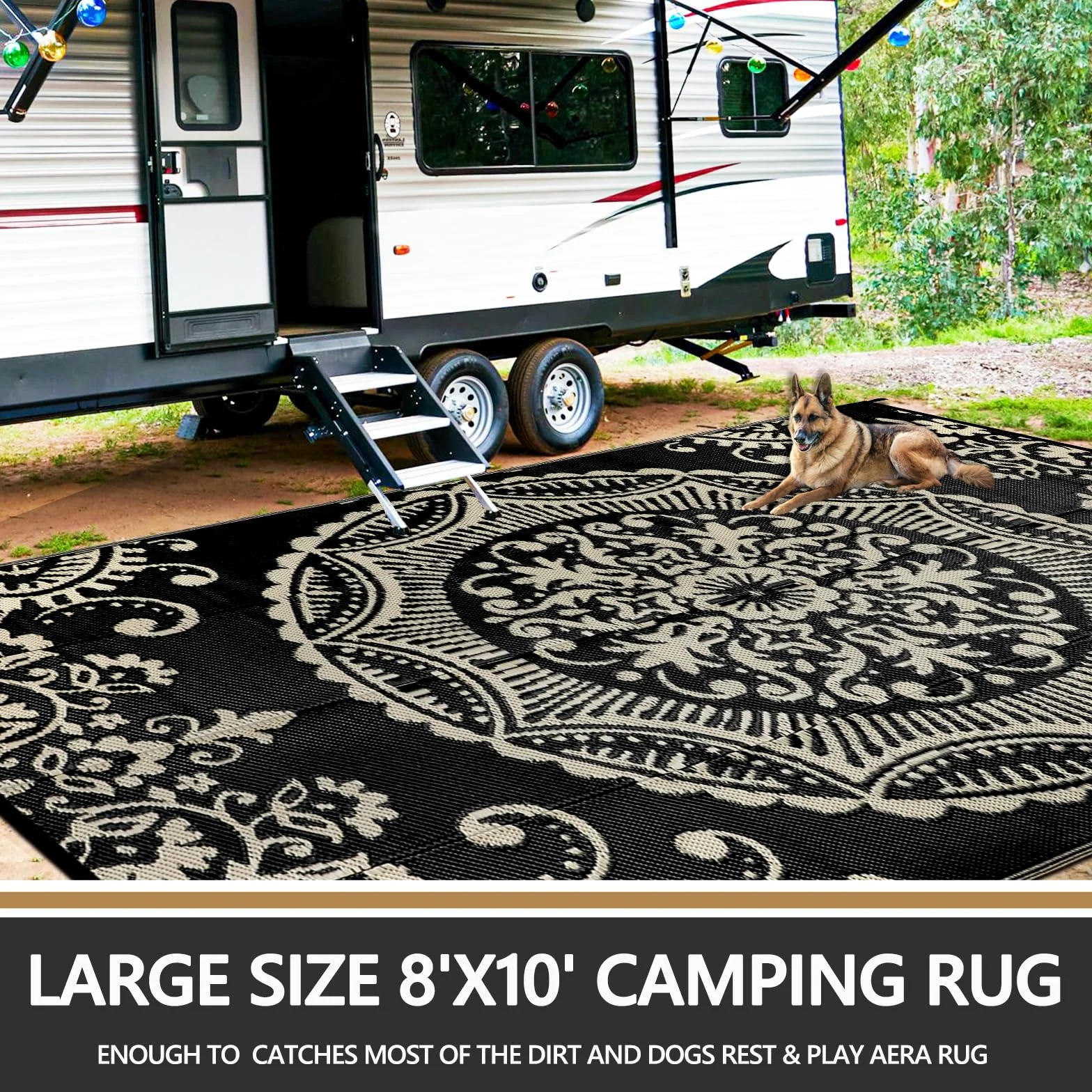 Capslpad Tapis de camping en paille de plastique imperméable, réversible, motif floral, tapis de balcon pliable avec sac de transport pour terrasse, banc, pique-nique, porche, 2,3 x 3 m - pour