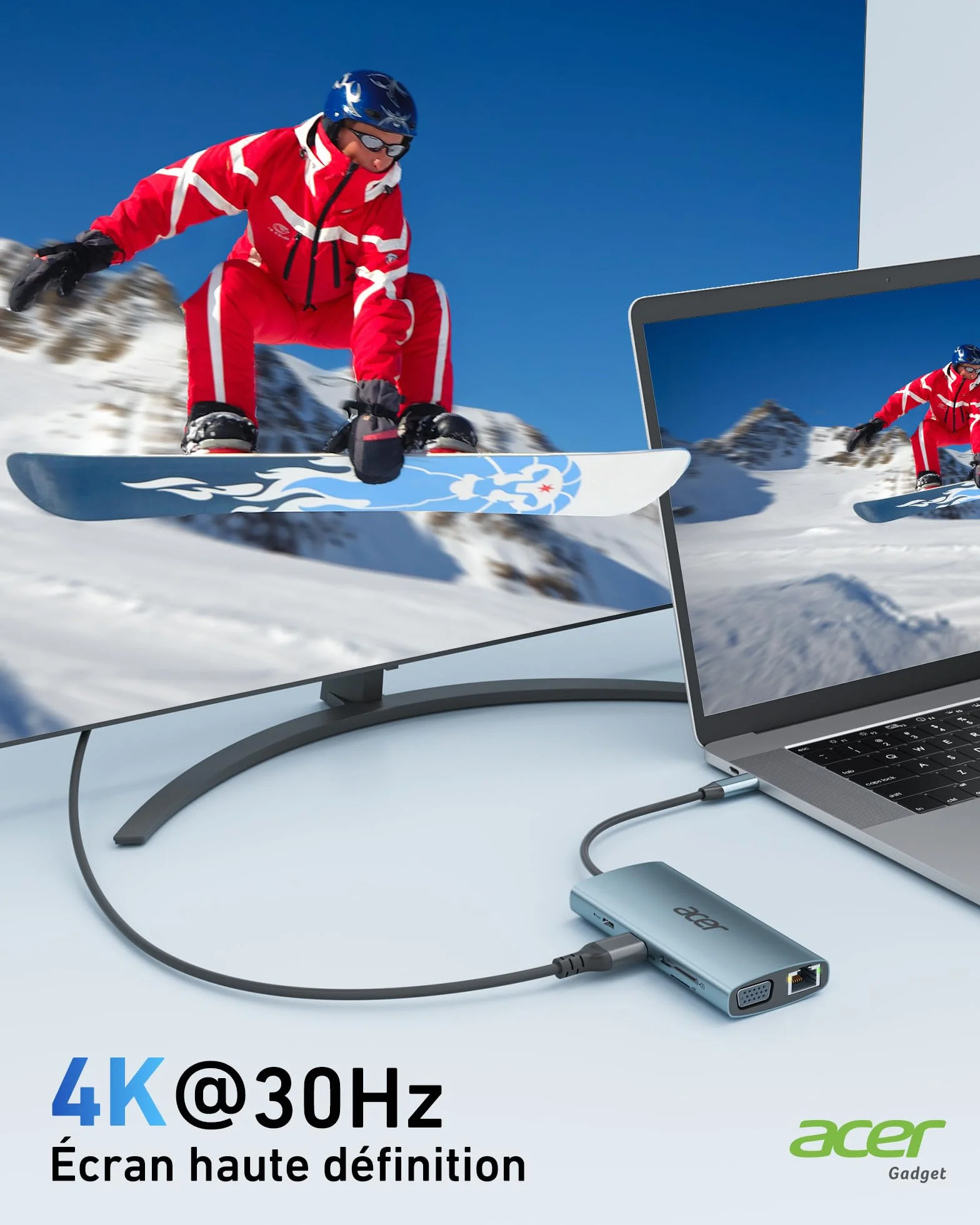 Acer Hub USB C Adaptateur Type C vers HDMI 4K VGA Ethernet RJ45 PD 100W Lecteur de Carte SD/TF 3xUSB 3.0 Station d'accueil USB C
