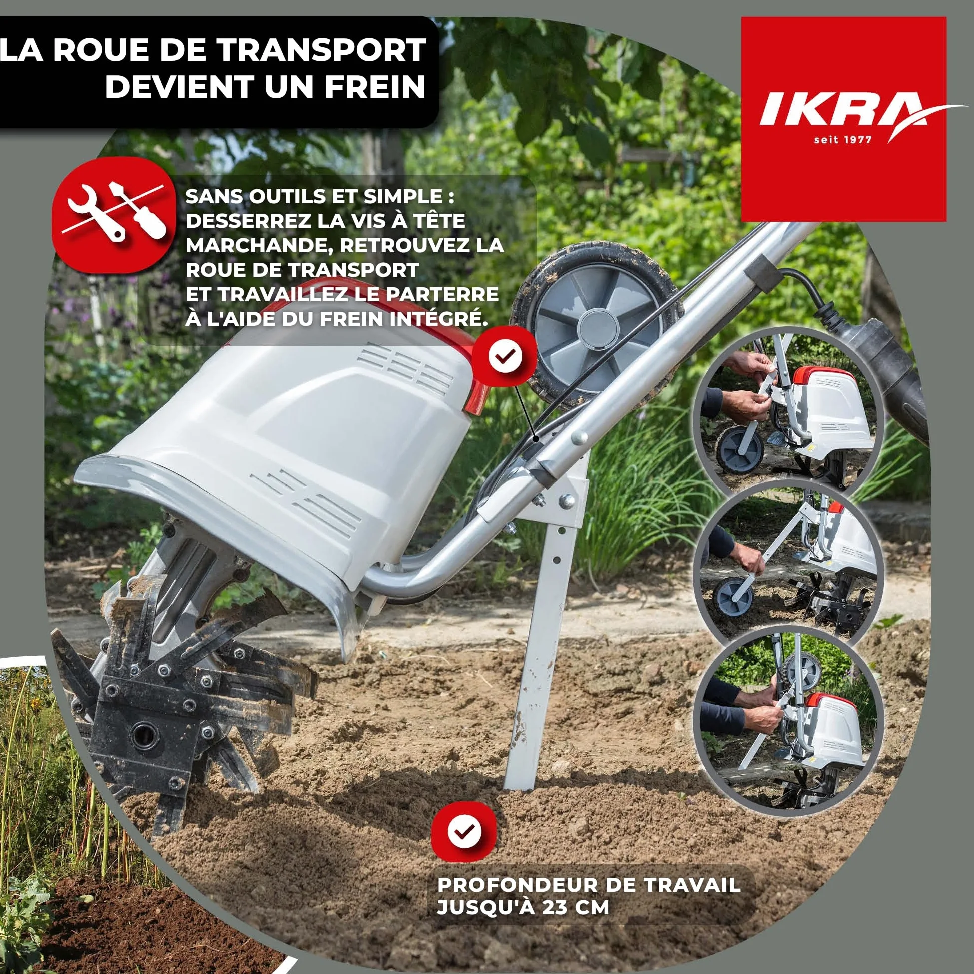 IKRA motoculteur électrique FEM 1500, 17, 30 et 45 cm, avec sarcloir Manuel | 1500 W, profondeur de travail 23 cm, patin de frein, roue de transport, pliable, protection contre les surcharges