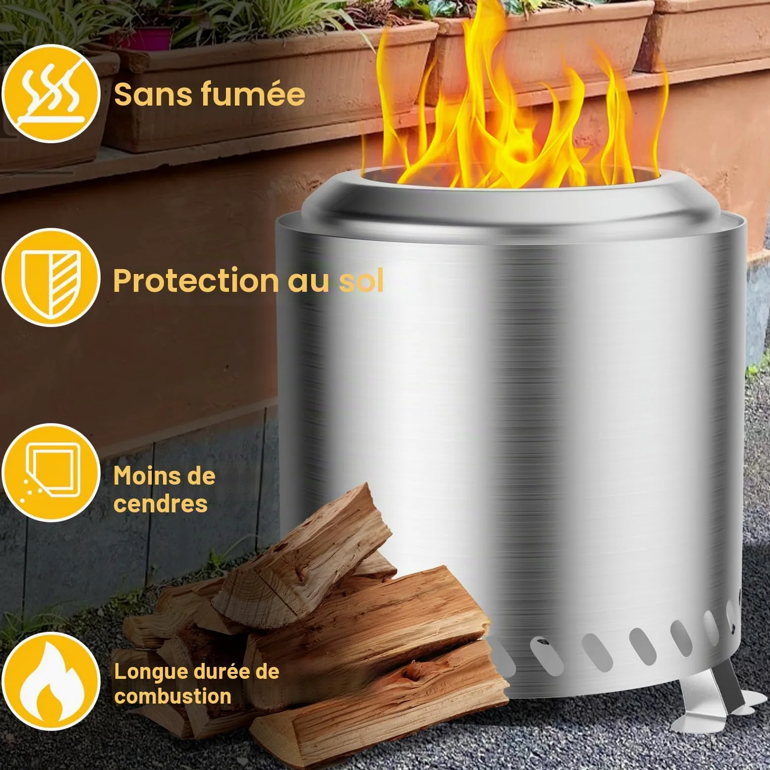 Brasero Exterieur de Jardin, Foyer sans fumée Acier Inoxydable 22x22x26cm Mini Corbeille à feu Tonneau de feu avec Pied et Sac de Rangement, Balcon Terrasse Jardin Déco, Idéal pour BBQ Pellets Bois