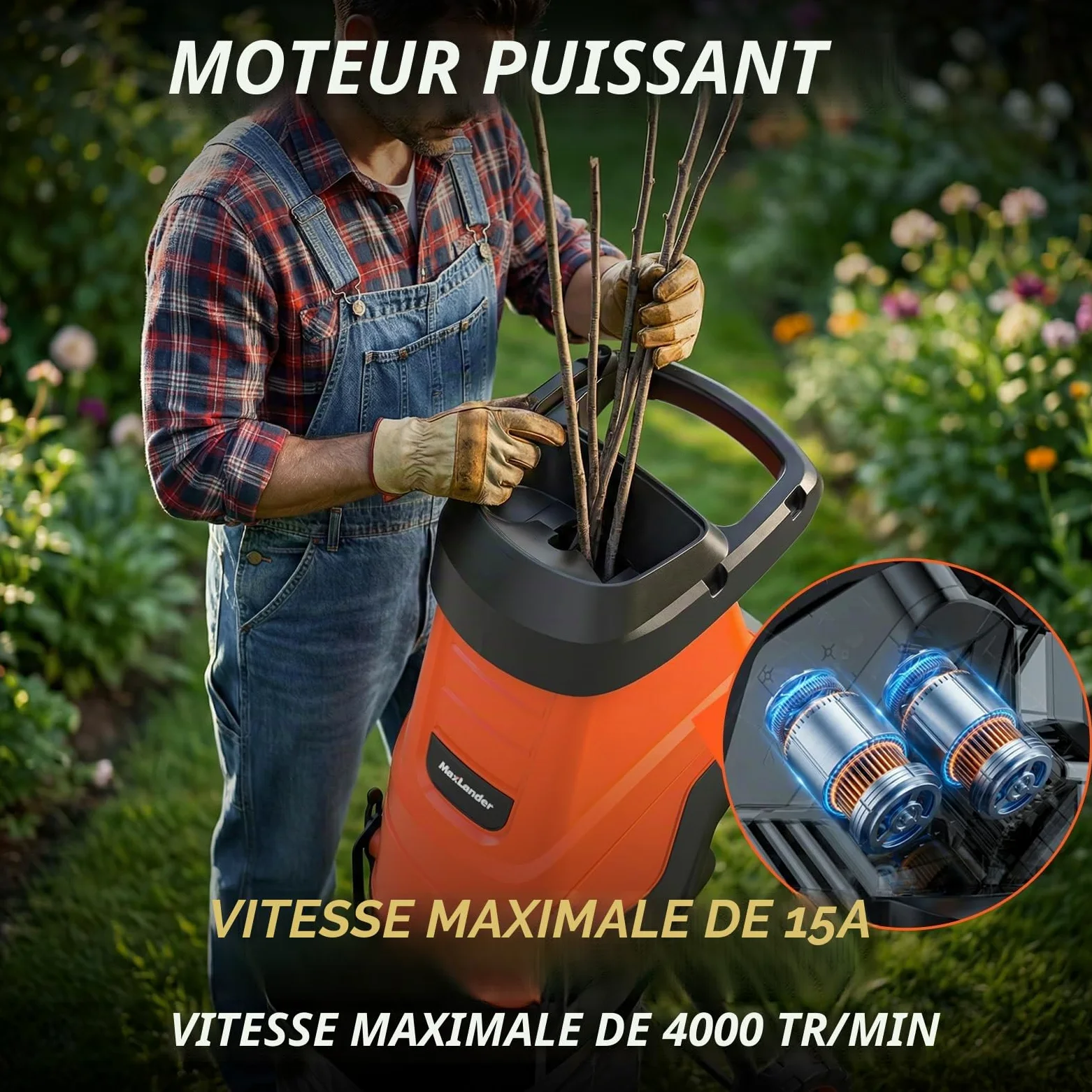 MAXLANDER 2600W broyeur vegetaux et Branches | Broyeur végétaux thermique 45 mm, lames SK5 double face + bac 45 L, pour compost et nettoyage jardin