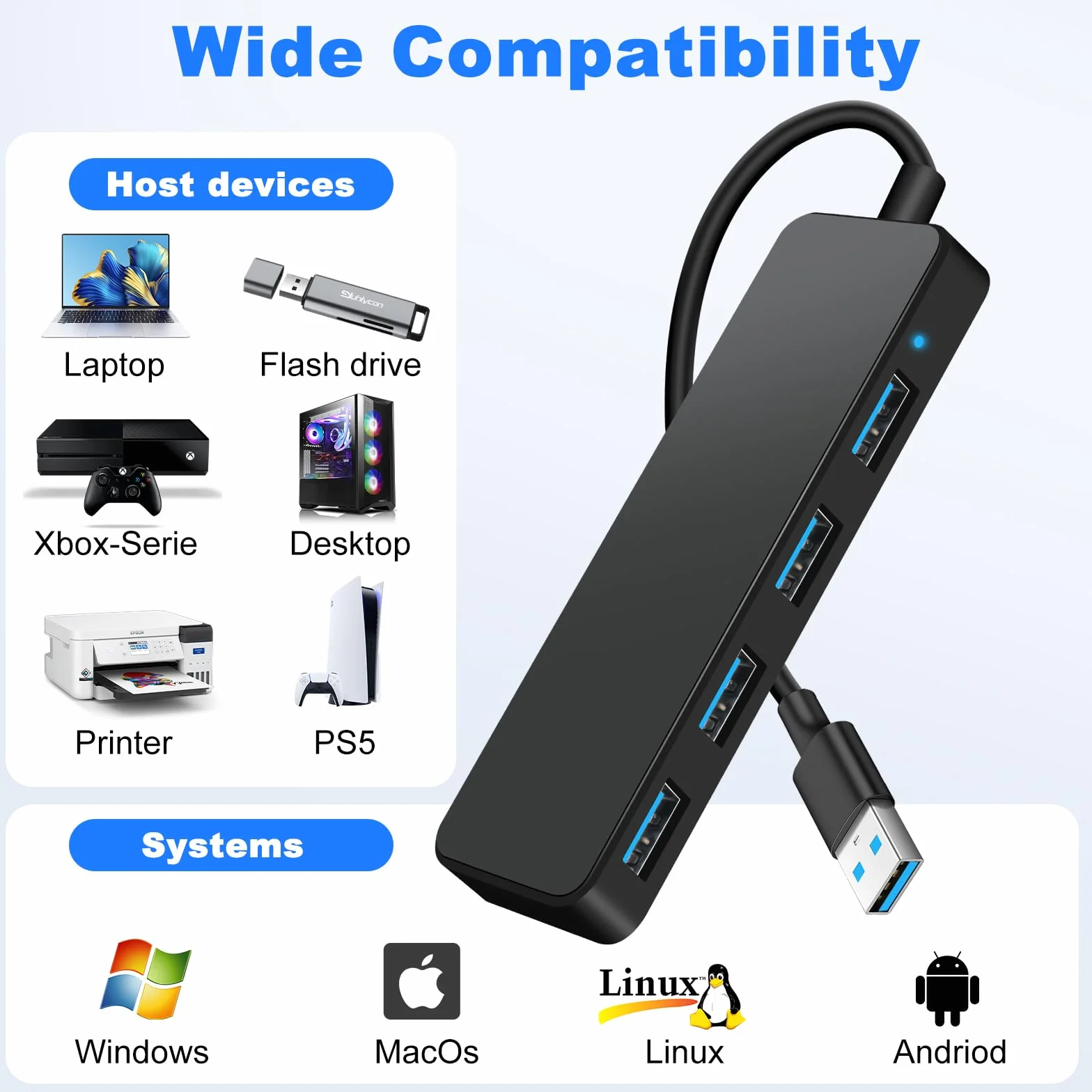 Hub USB 3.0 4 Ports Multiprise Ultra Fin 5 Gbps Adaptateur Multi USB pour MacBook Pro/Air iMac Surface Pro XPS PC