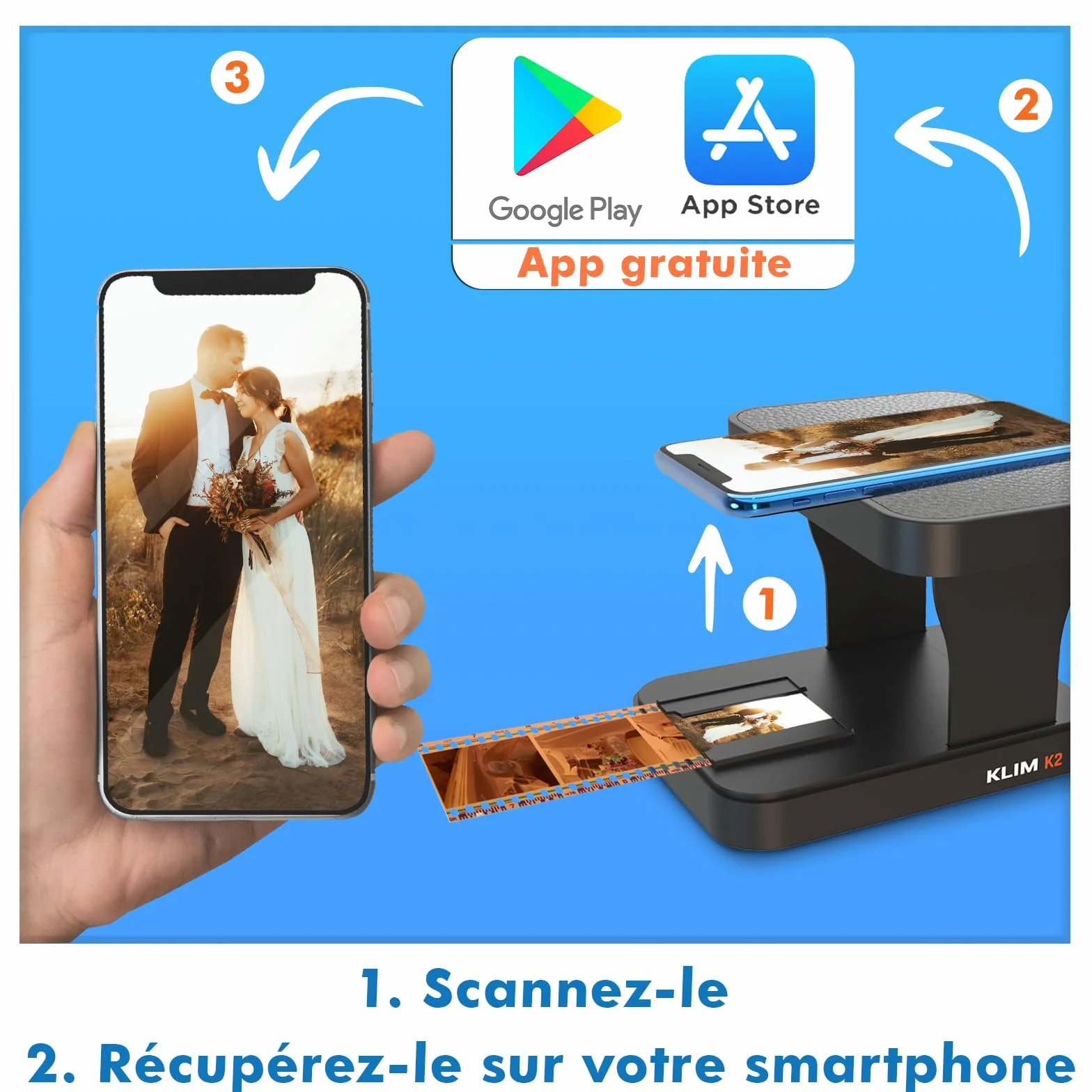KLIM K2 Mobile Film Scanner 35mm + Free APP - Scanner Positif et négatif, Diapositives, Photos