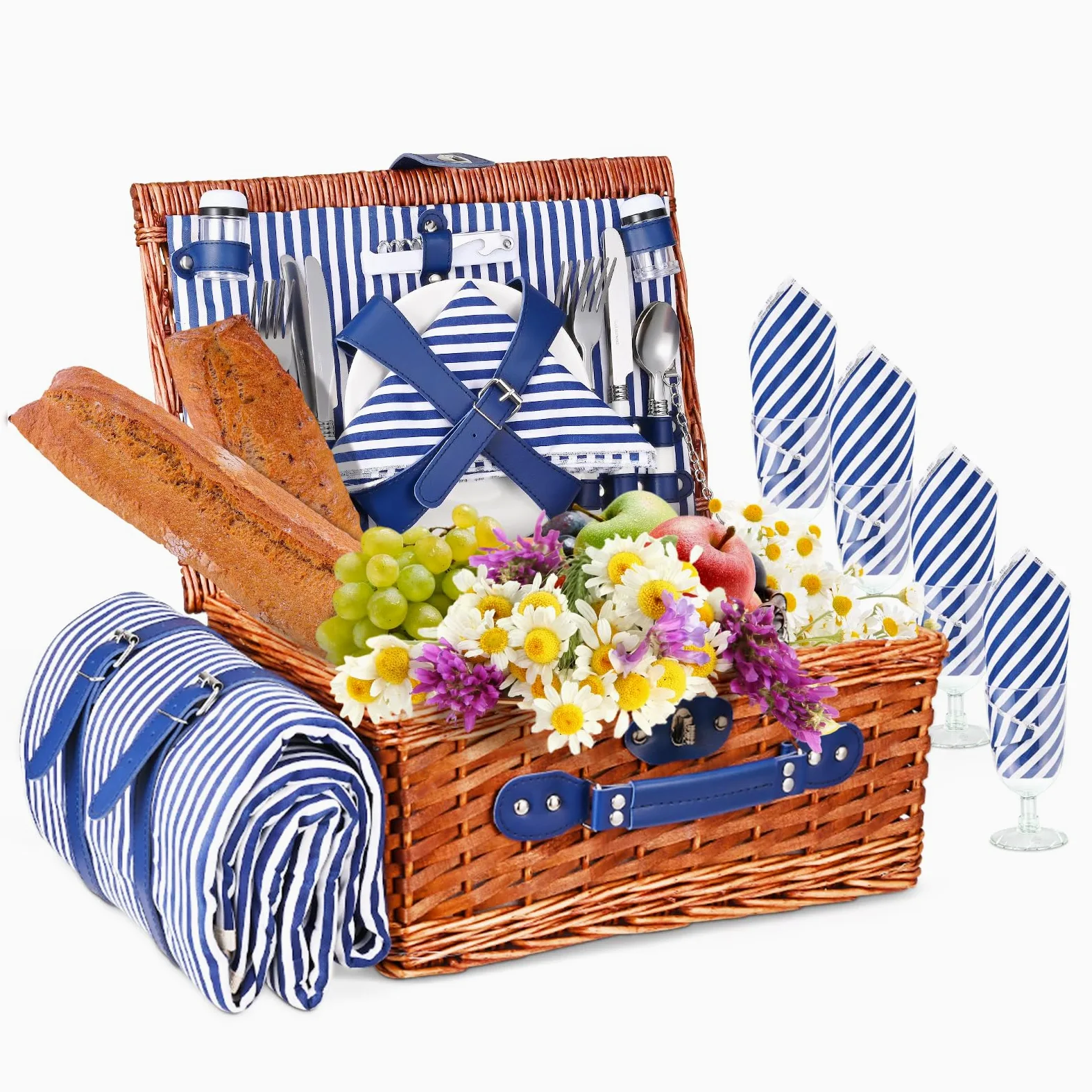 Panier de Pique Nique pour 4 Personnes,Couleeur Panier Pique Nique en Osier avec Couverture Pique-Nique Imperméable et Couverts, Panier Picnic pour Camping, Rose (Bleu 4 Personnes)