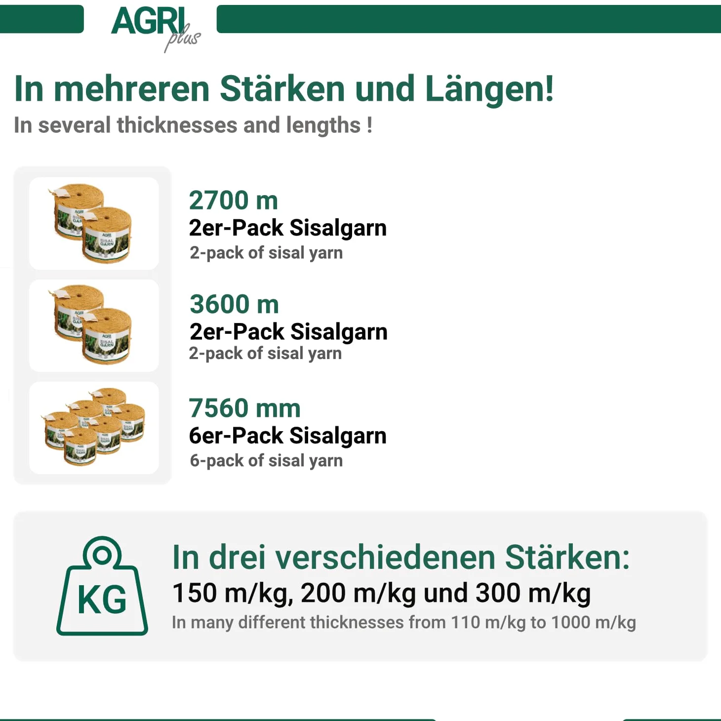 AGRI plus Lot de 2 fils à nouer en sisal écologique de 2700 m - Fil de récolte - Épaisseur : 150 m/kg - Résistant aux intempéries - Cordon de serrage