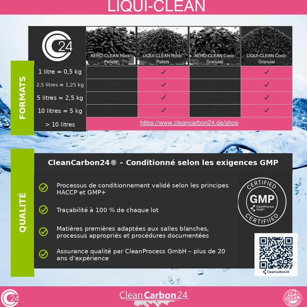 Clean Carbon 24 LIQUI-Clean Coco granulé 8×30Mesh/0,8–3,2mm, 10l | 5kg | Granulés fins 0,6–2,36 mm pour aquarium, bassin et filtration de l’eau, activés physiquement à la vapeur