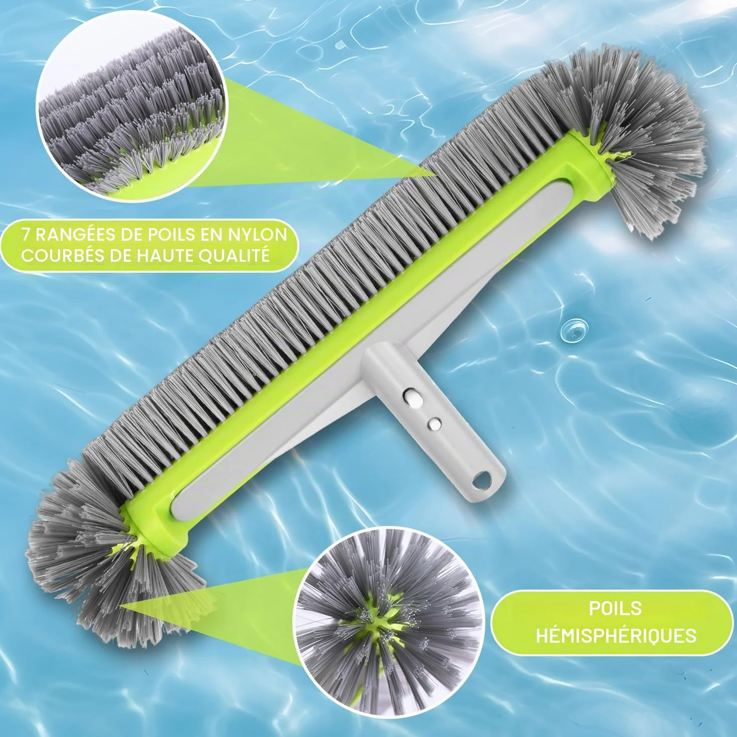 Tête de Brosse de Piscine 45cm Balai Piscine Brosses Poils Robustes Manche Aluminium Hémisphérique Mur Sol