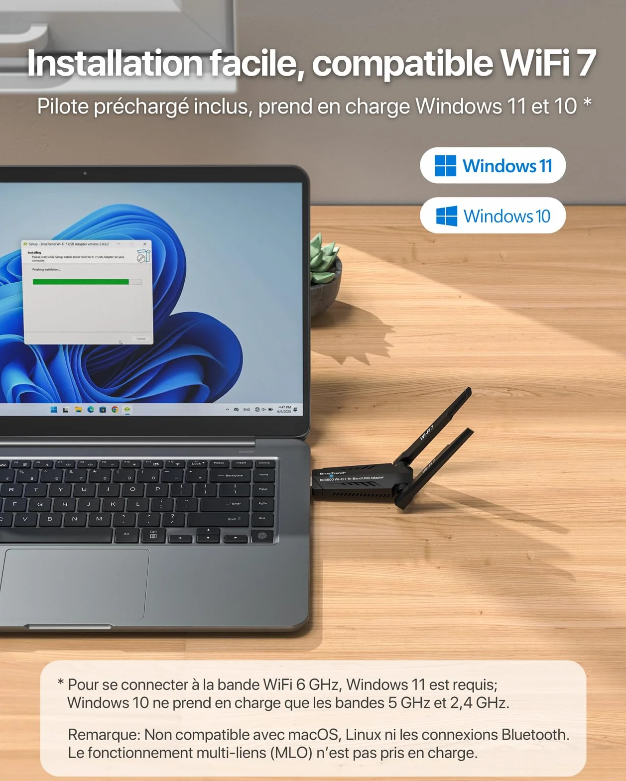 BrosTrend BE6500 Clé WiFi 7 USB 3.0 Tri-Bande 6GHz/5GHz/2.4GHz Longue Portée Antenne Wi-Fi PC Dongle Compatible Windows 11/10 WPA3
