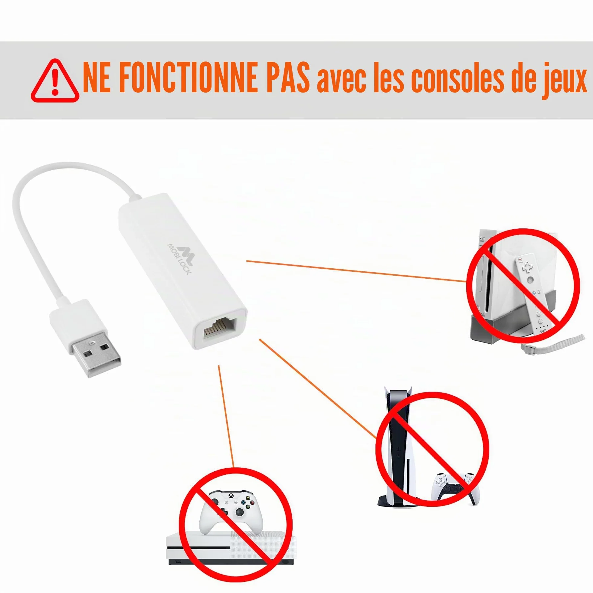 Mobi Lock Adaptateur Réseau USB Ethernet USB 2.0 pour Ordinateurs Portables Windows 7-11 Mac OS X