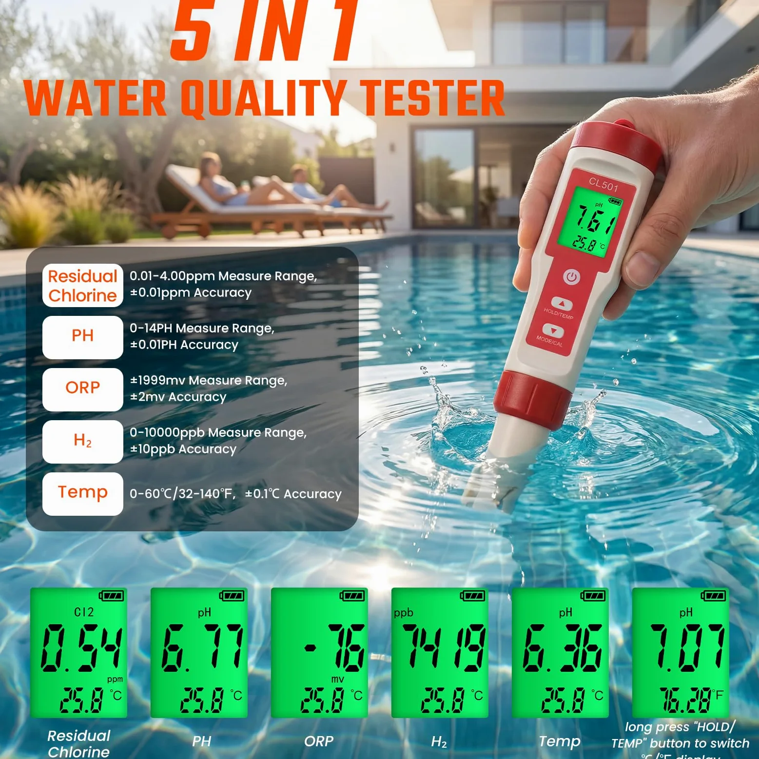 Testeur de Chlore Piscine Portatif Testeur de Qualité d'eau 5 en 1 Numérique Testeur de pH/Cl₂/ORP/H₂/Thermomètre Meter avec Bandelettes de Test pH et Display Backlit pour Spas Aquariums Hydroponique