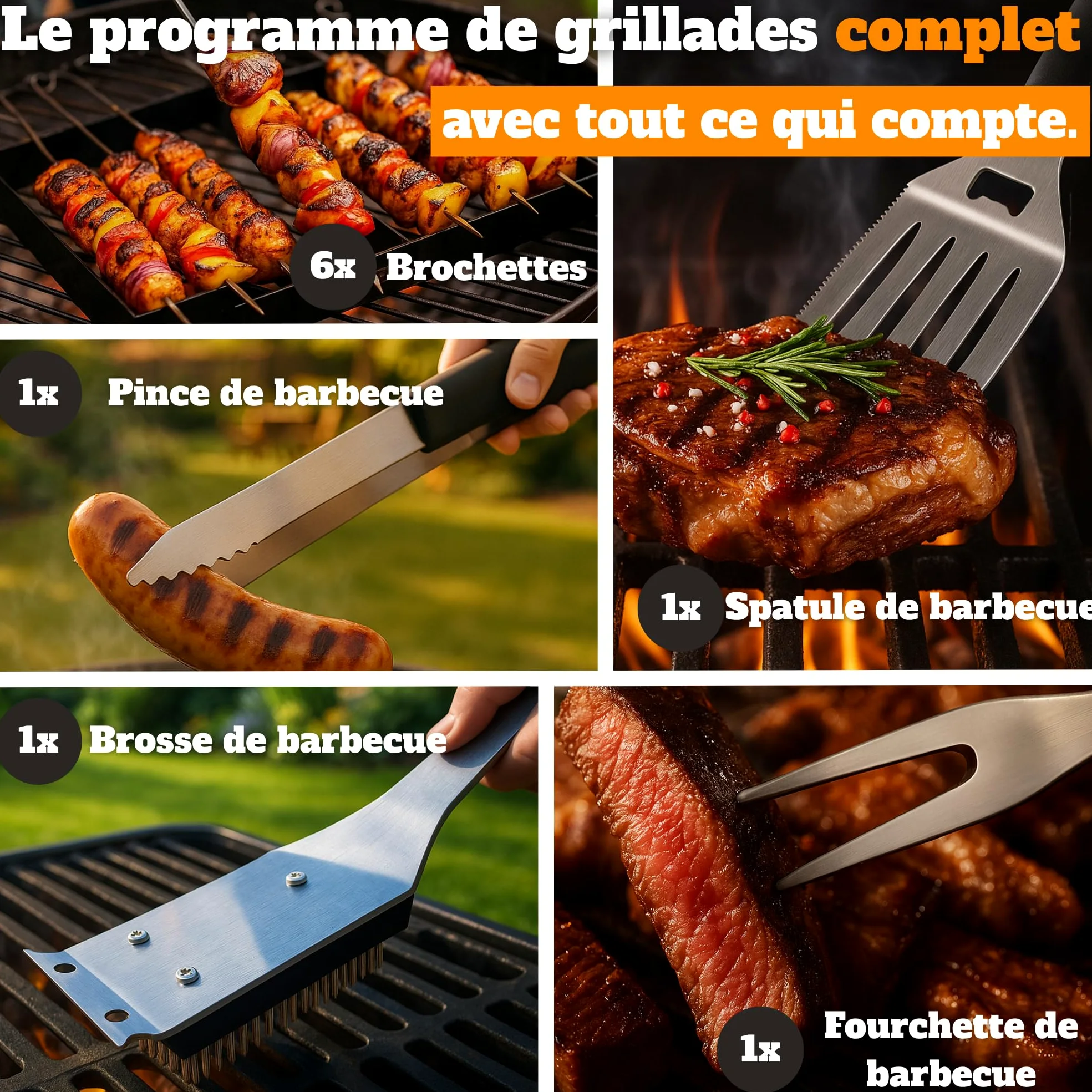 Coffret Barbecue Homme - ustensiles Barbecue INOX dans Une Valise en Bois | Spatule 3-en-1 avec décapsuleur & lame, outils barbecue, cadeau fête des pères & Noël