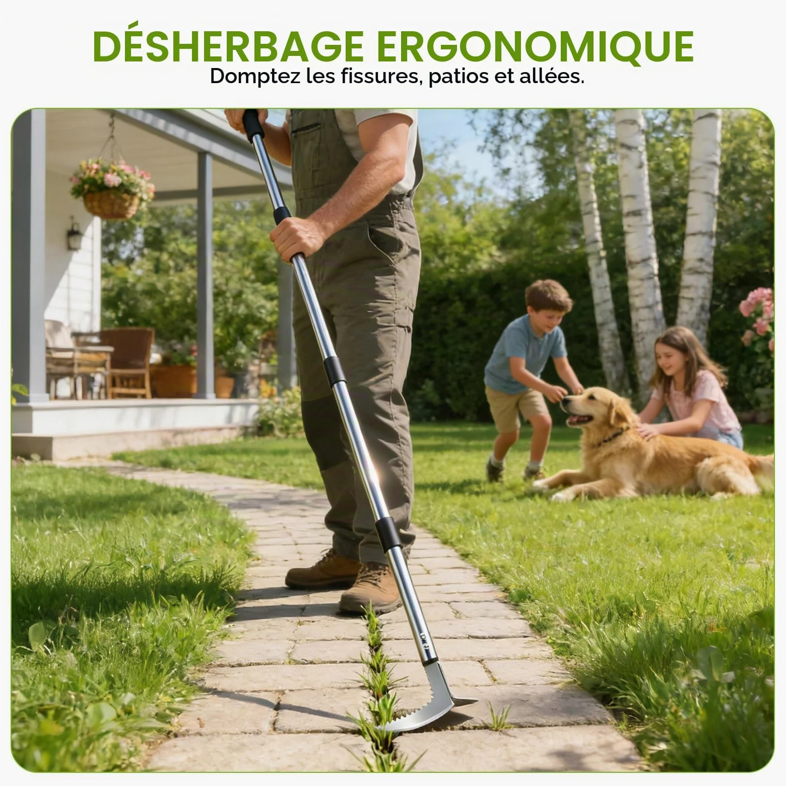 Outil de Désherbage avec Long Manche, 60-160 cm Désherbeur à Manche Long Réglables avec Bord Dentelé, Couteau Désherbeur Manuel en Acier Inoxydable pour Enlever la Mousse et Les Mauvaises Herbes