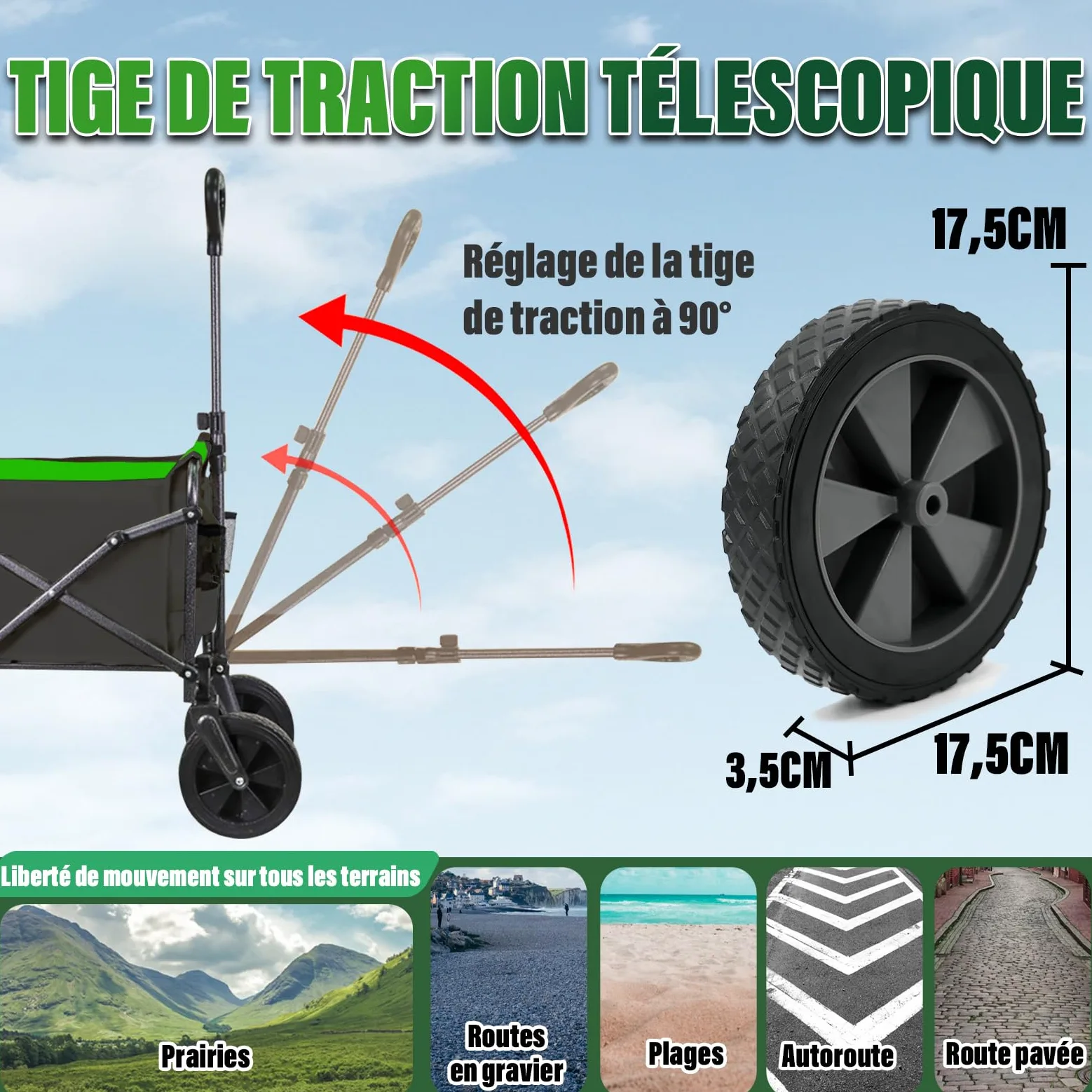 Chariot Électrique Pliable Tout -Terrain 160L/50kg avec Hayon, Noir | Chariot de Plage Pliable, Motorisation 4000mAh, Pneus Renforcés pour Plage, Camping, Jardin et Courses