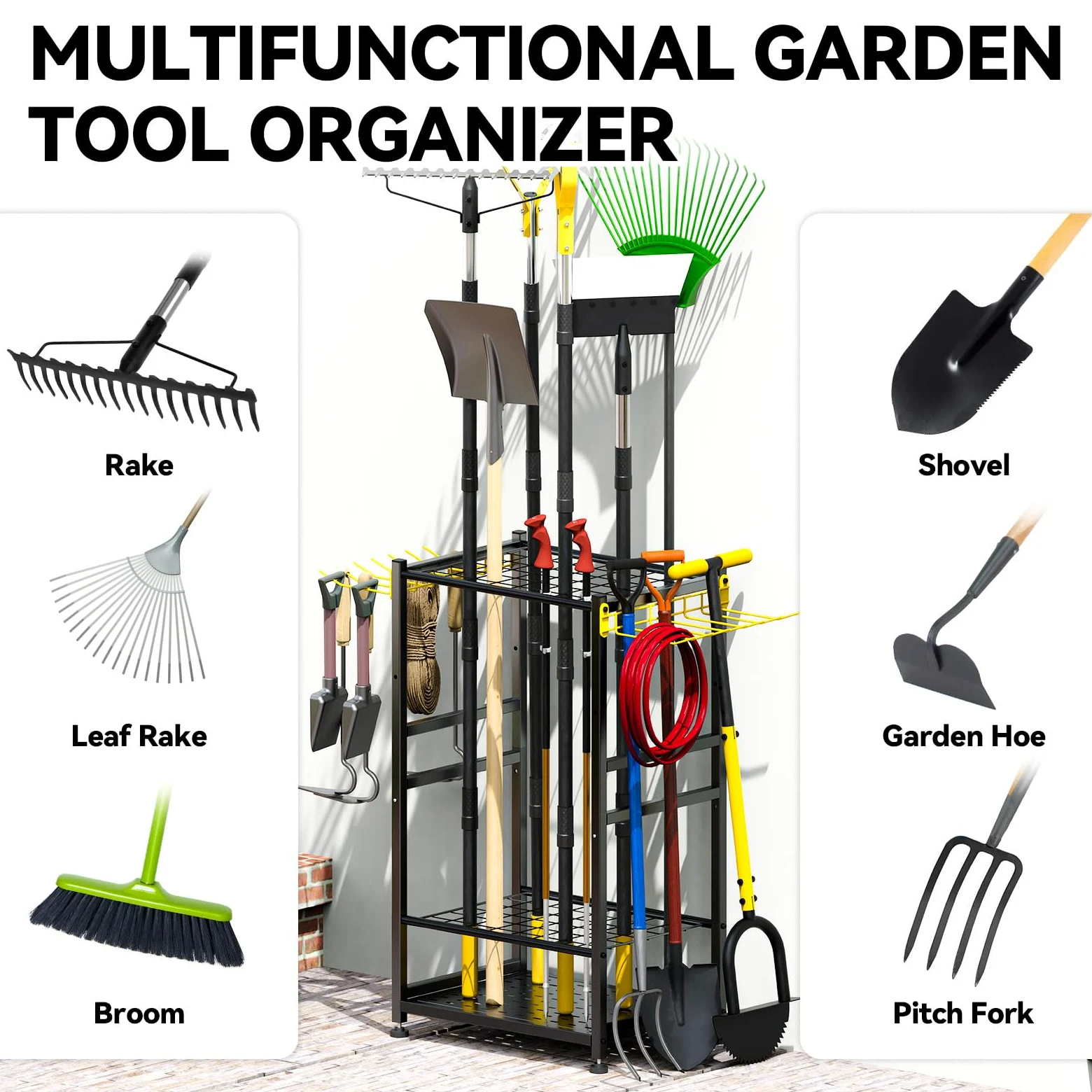 Organiseur d'outils de jardin, jusqu'à 48 outils à long manche, rangement et organisation de garage avec crochet latéral pour balai/râteau/pelle/outil à poignée en T, porte-outils