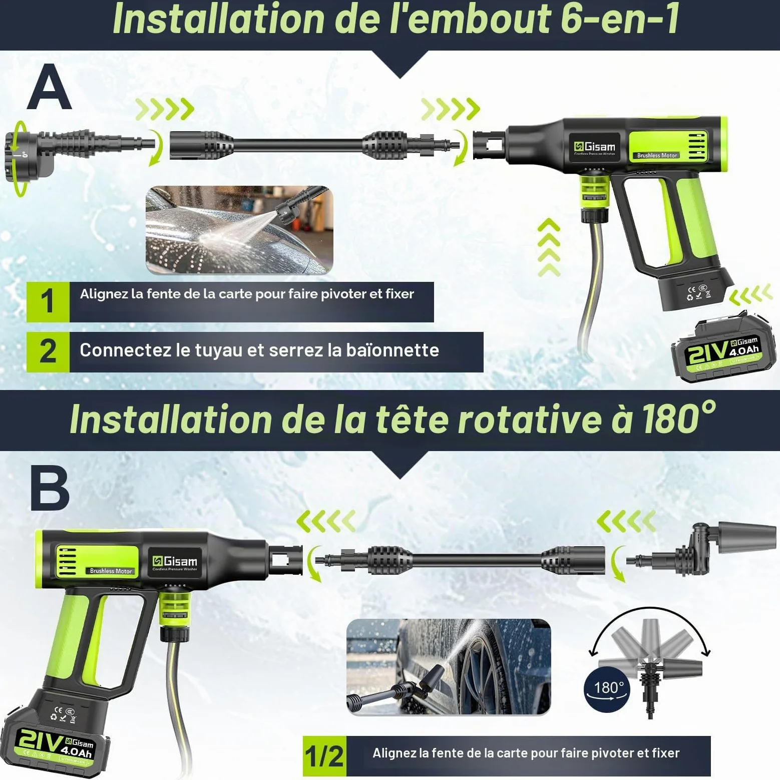 highsam Pressure Washer Nettoyeur Haute Pression sans Fil 4 Vitesses Max. 120 Bar avec 2 Batteries 4,0 Ah, buse rotative 6 en 1 et 180 °,Tuyau De 5 M,Nettoyage Arrosage
