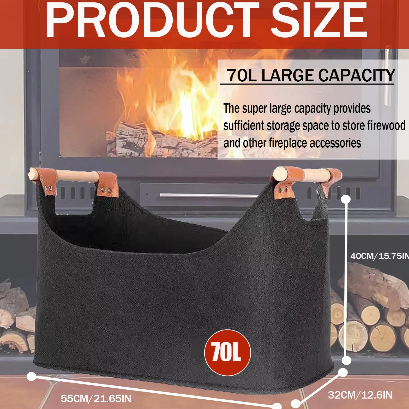 Panier à bûches XXL 70L Feutre Pliable Sac à Bois pour Cheminée 55 x 32 x 40 cm Gris Foncé