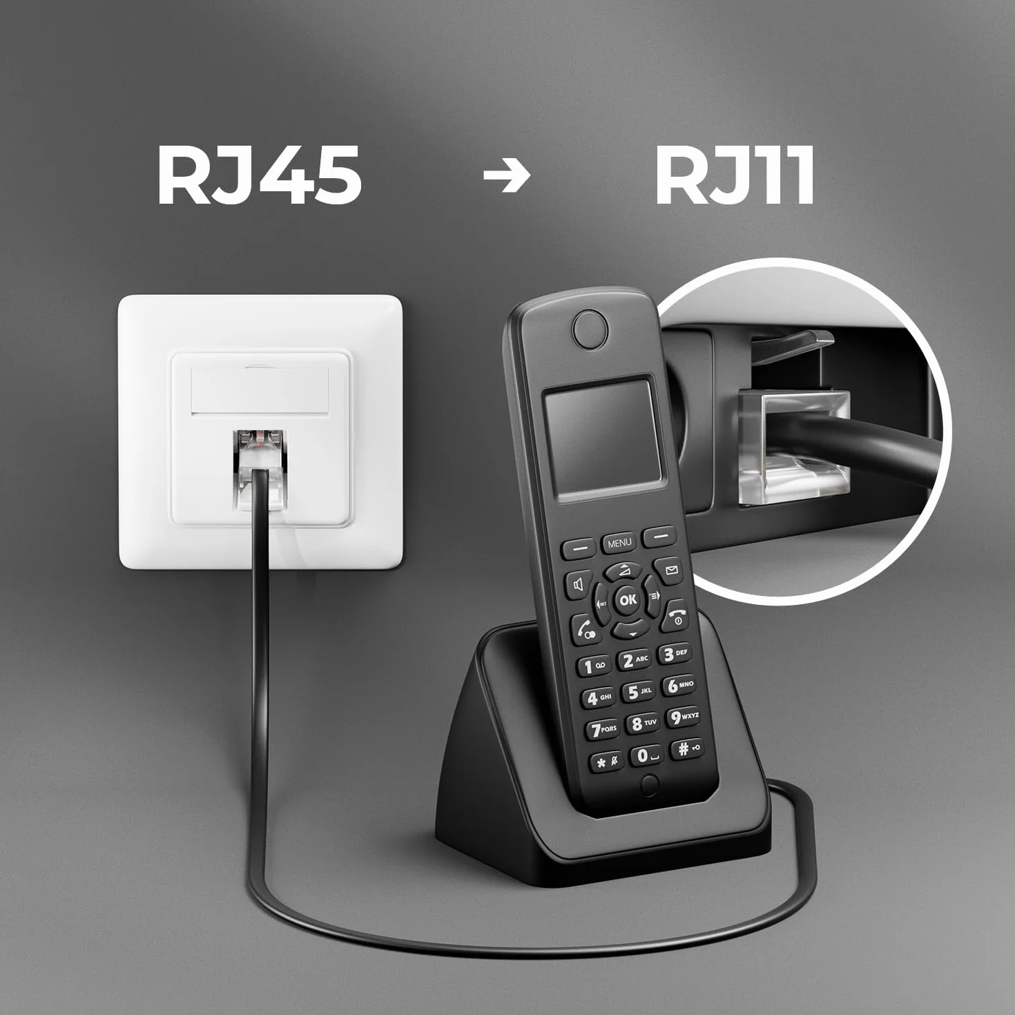 deleyCON 1m Câble Téléphone RJ11 vers RJ45 Modulaire plat Noir