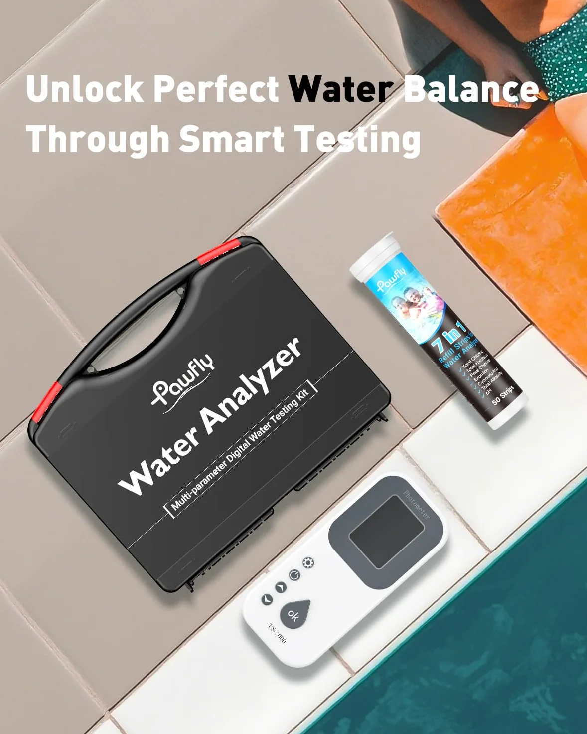 Pawfly Kit Test Eau Numérique 7 en 1 50 Bandelettes Test Spa Testeur Eau Piscine Numérique pH Dureté Totale Chlore Total Chlore Libre Alcalinité Totale Acide Cyanurique et Brome
