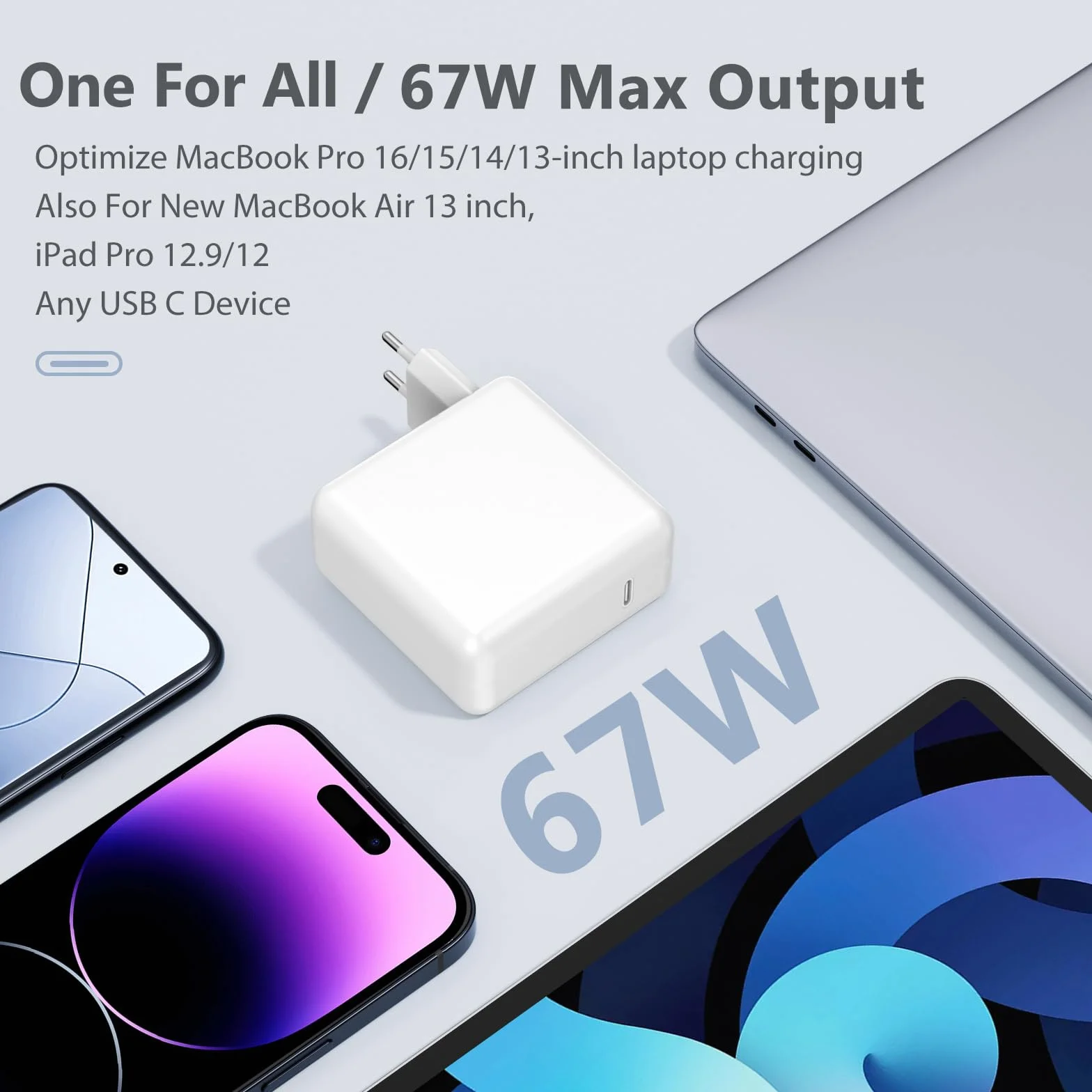 Chargeur MacBook Pro 67W USB C pour MacBook Air 2020/2019/2018, MacBook Pro 13/14/15/16 Pouces, Adaptateur Alimentation USB-C avec Câble 2 Mètres