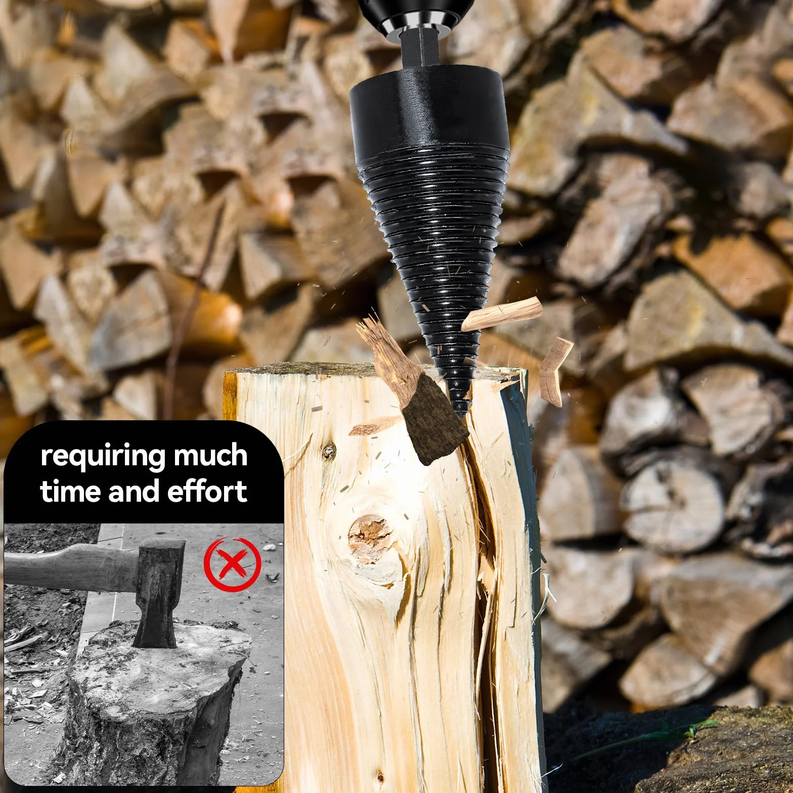 Fendeur de Bûche 42mm + 32mm Foret Conique avec 4 Poignées de Perçage