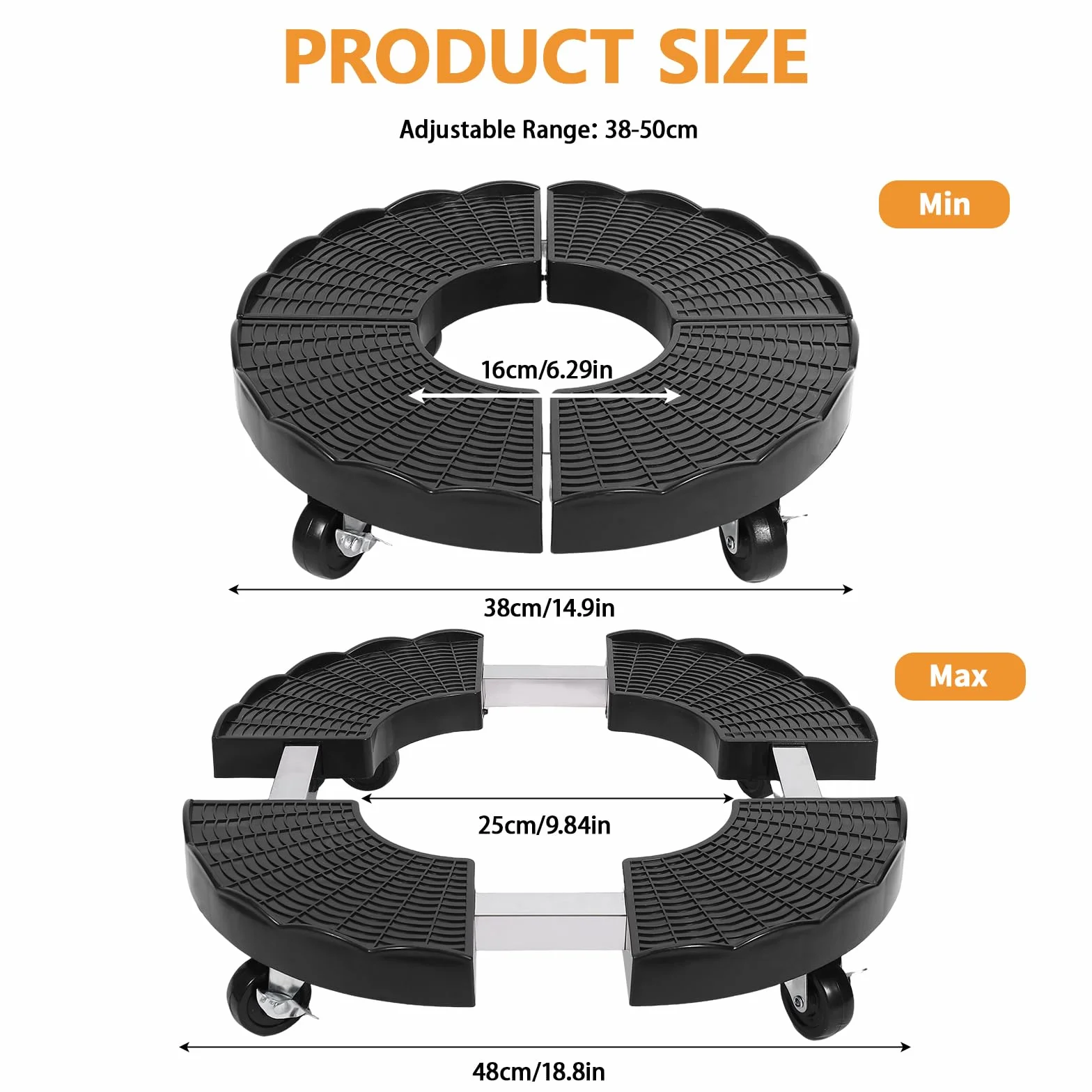 Zorplex Porte Plante à Roulettes Réglable Ø 38–50 Cm, Support de Pot de Fleurs Rond, Roulettes Pivotantes 360° et Frein, 150kg, Résistant aux Intempéries