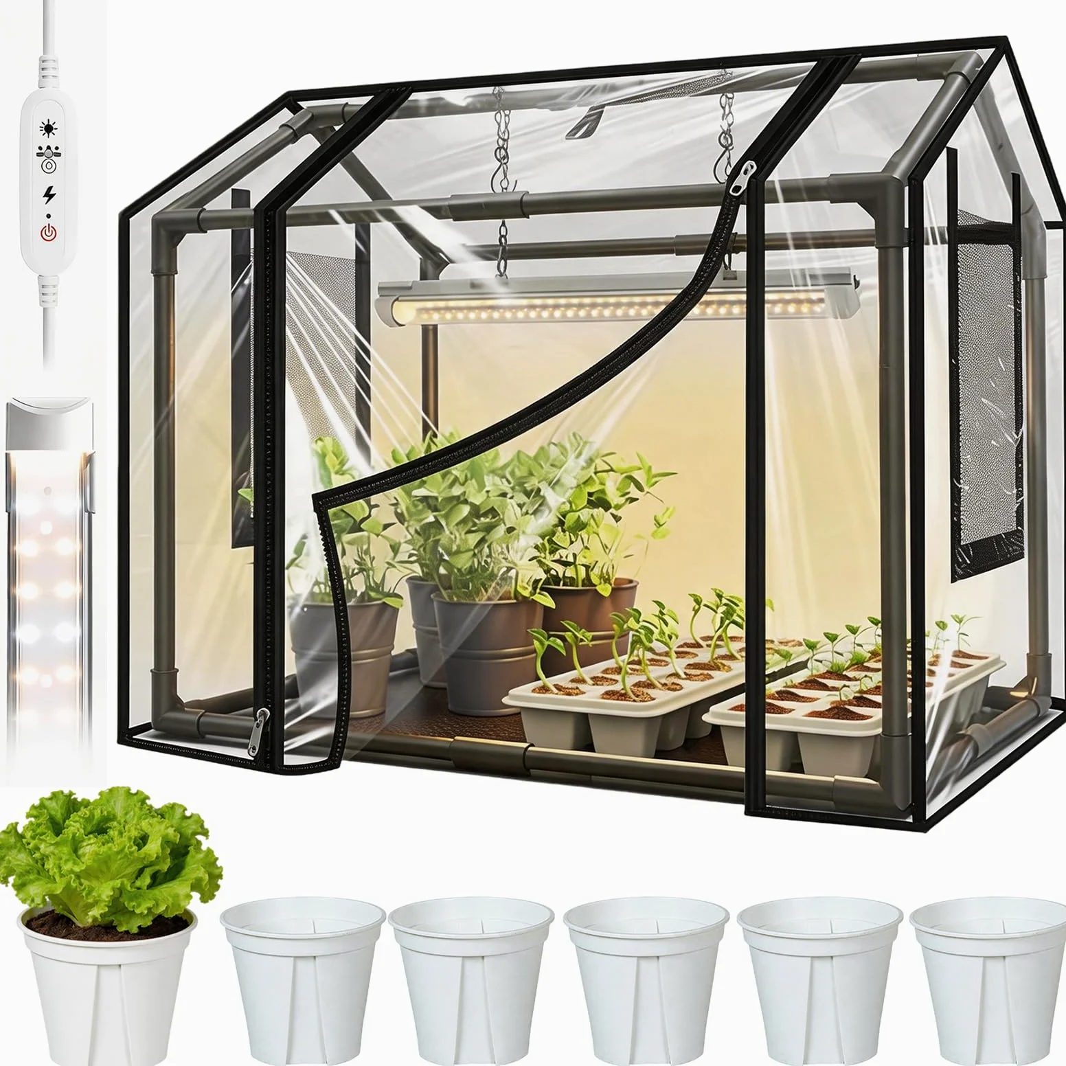 Kit de Plantation, Serre de Jardin 60 x 40 x 50 cm avec Six Petits Pots de Fleurs et Lampes pour Plantes Mini Serre de Jardin PVC Housse pour Plantes Isolante Transparente pour Jardin et Balcon