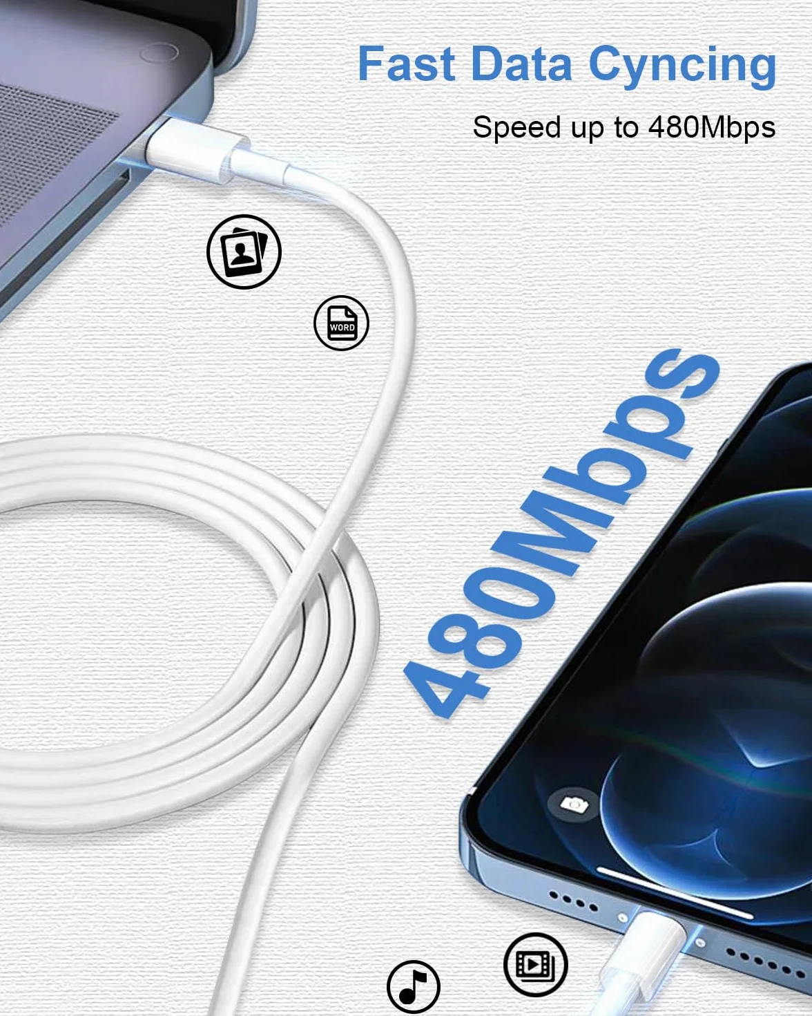 Câble USB C vers Lightning MFi Charge Rapide pour iPhone 14 Pro Max/13/12 Mini/11/XS/XR/8/SE/iPad