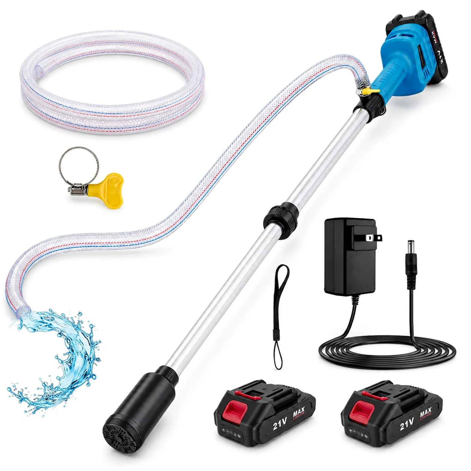 Pompe à Eau sur Batterie 21V avec 8m Tuyau, Pompe à Eau Électrique sans Fil 3 Débits, Hauteur de Refoulement 8 m, 2x1500mAh Batteries Li Ion, pour Jardin Piscine Récupérateur d Eau