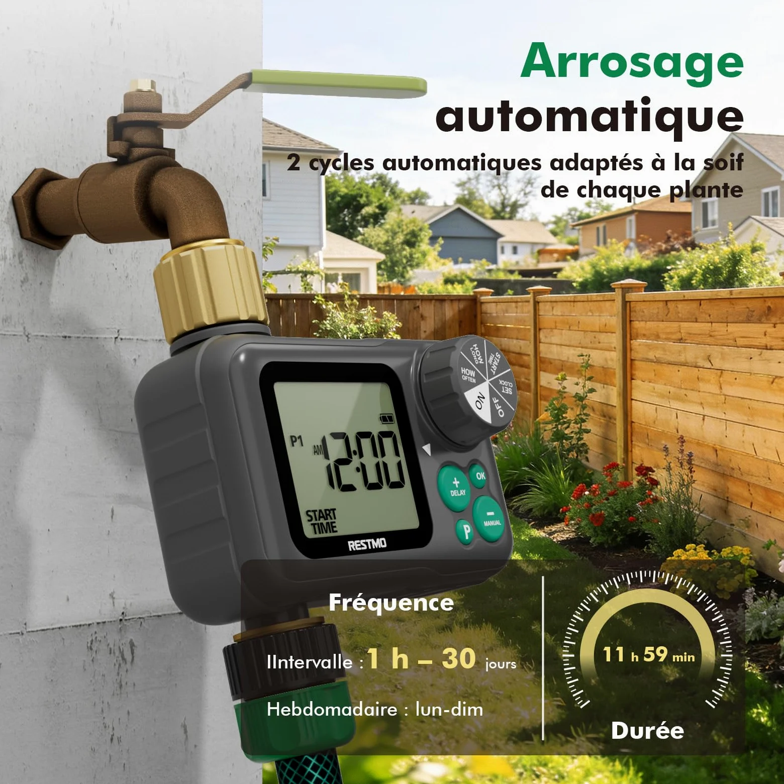 RESTMO Programmateur arrosage 1 Zone avec Puce RF intégrée et télécommande | Entrée et sortie en laiton, mode automatique/manuel/retardateur pluie, convient aux robinets extérieurs