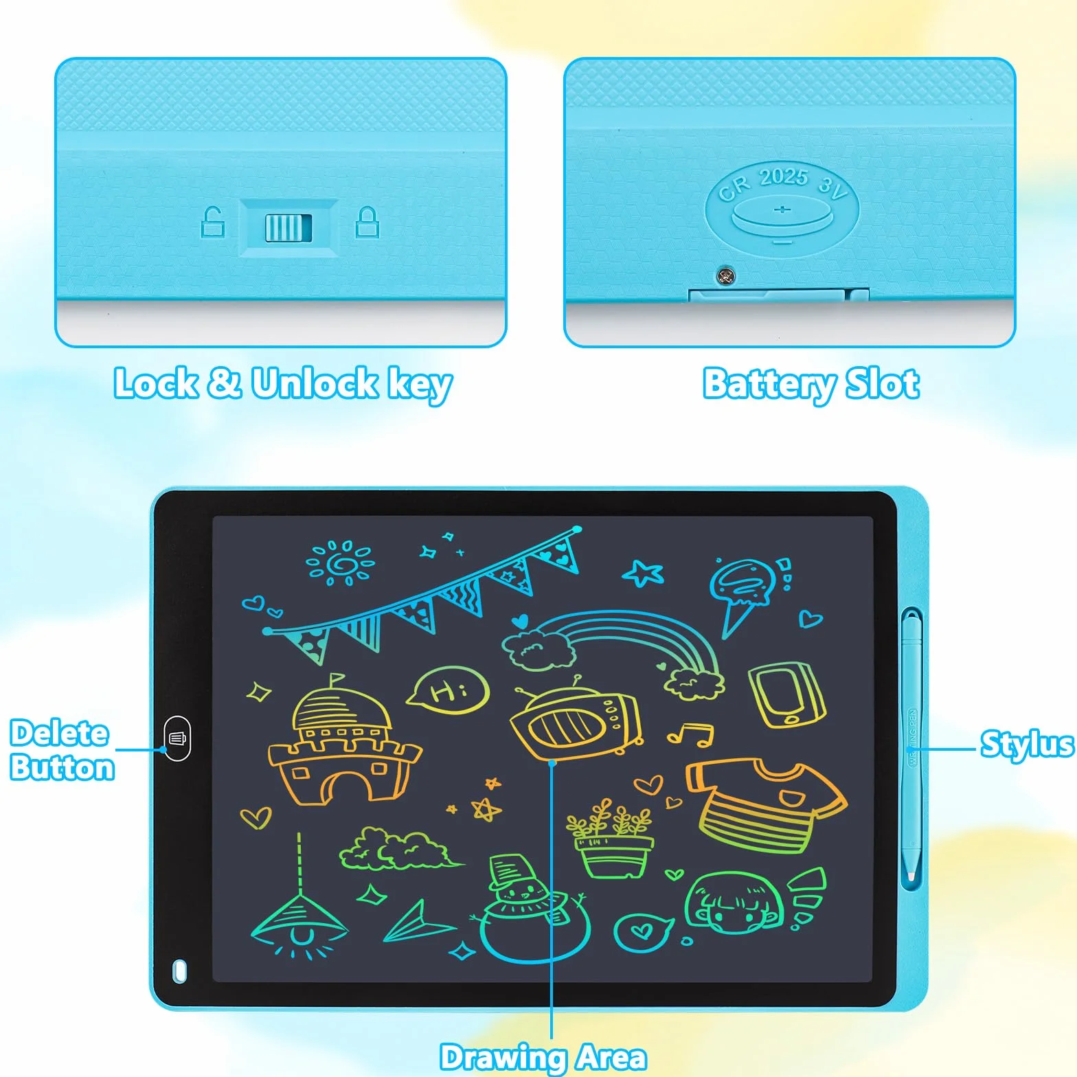 Tablette Dessin Enfant 16 Pouces Ardoise Magique LCD Colorée avec Verrouillage et Effacement Jouet Éducatif Filles Garçons 3-12 ans Bleu