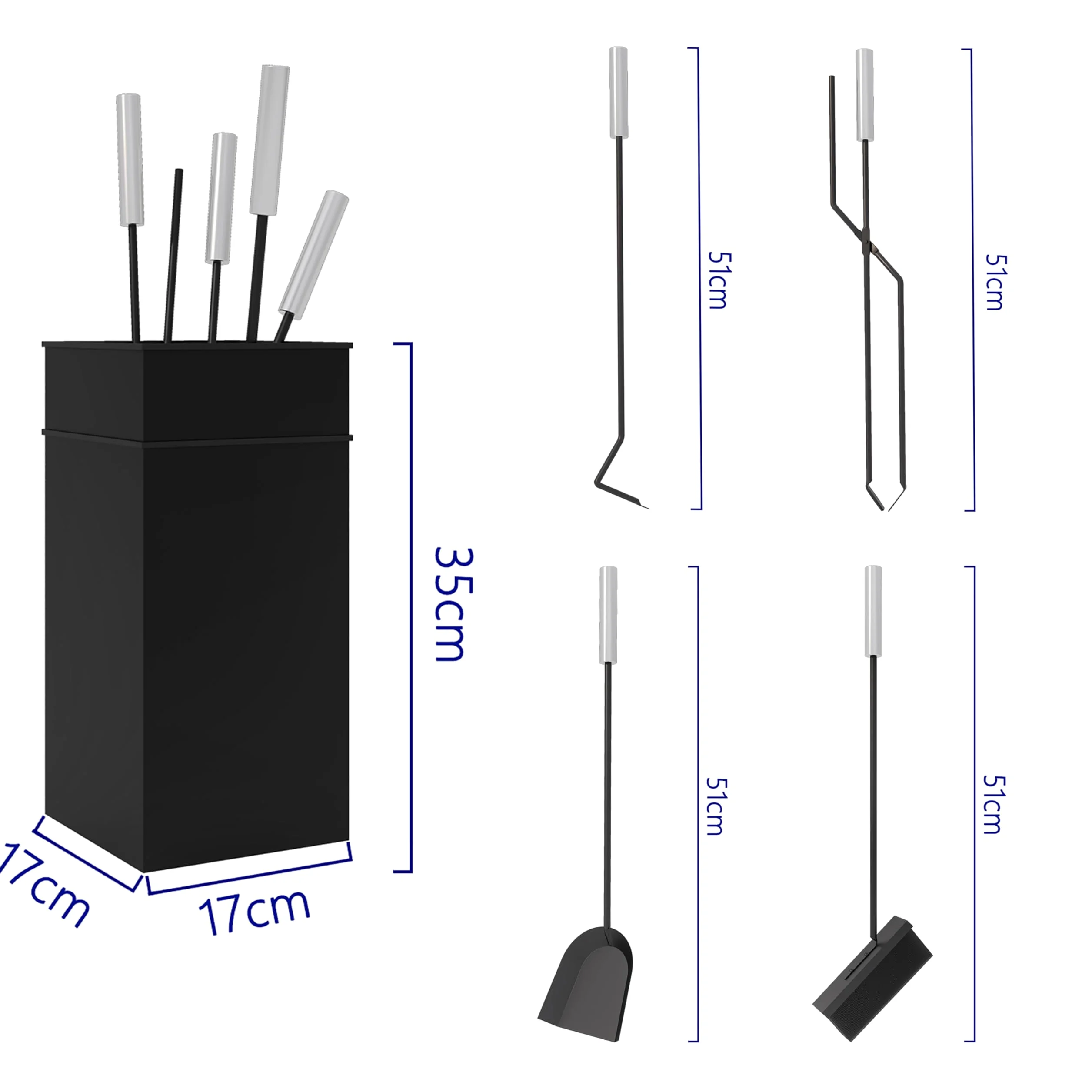 Kingson Ensemble d'outils de cheminée élégant comprenant une brosse, une pelle, un tisonnier et une pince, poignées en acier inoxydable, design élégant pour brûleurs à bûches et cheminées