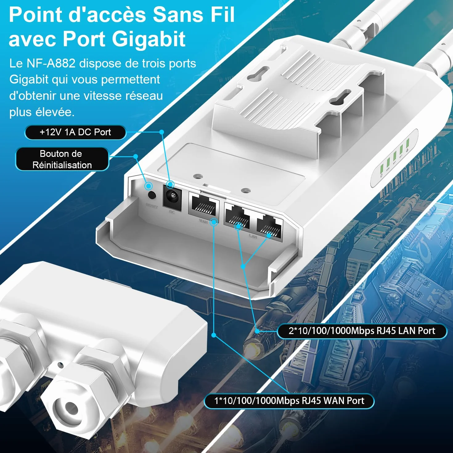 NEWFAST NF-A882 Point d'accès WiFi Extérieur AC1200 IP66 Répéteur WiFi Longue Portée Gigabit LAN/WAN Double Bande