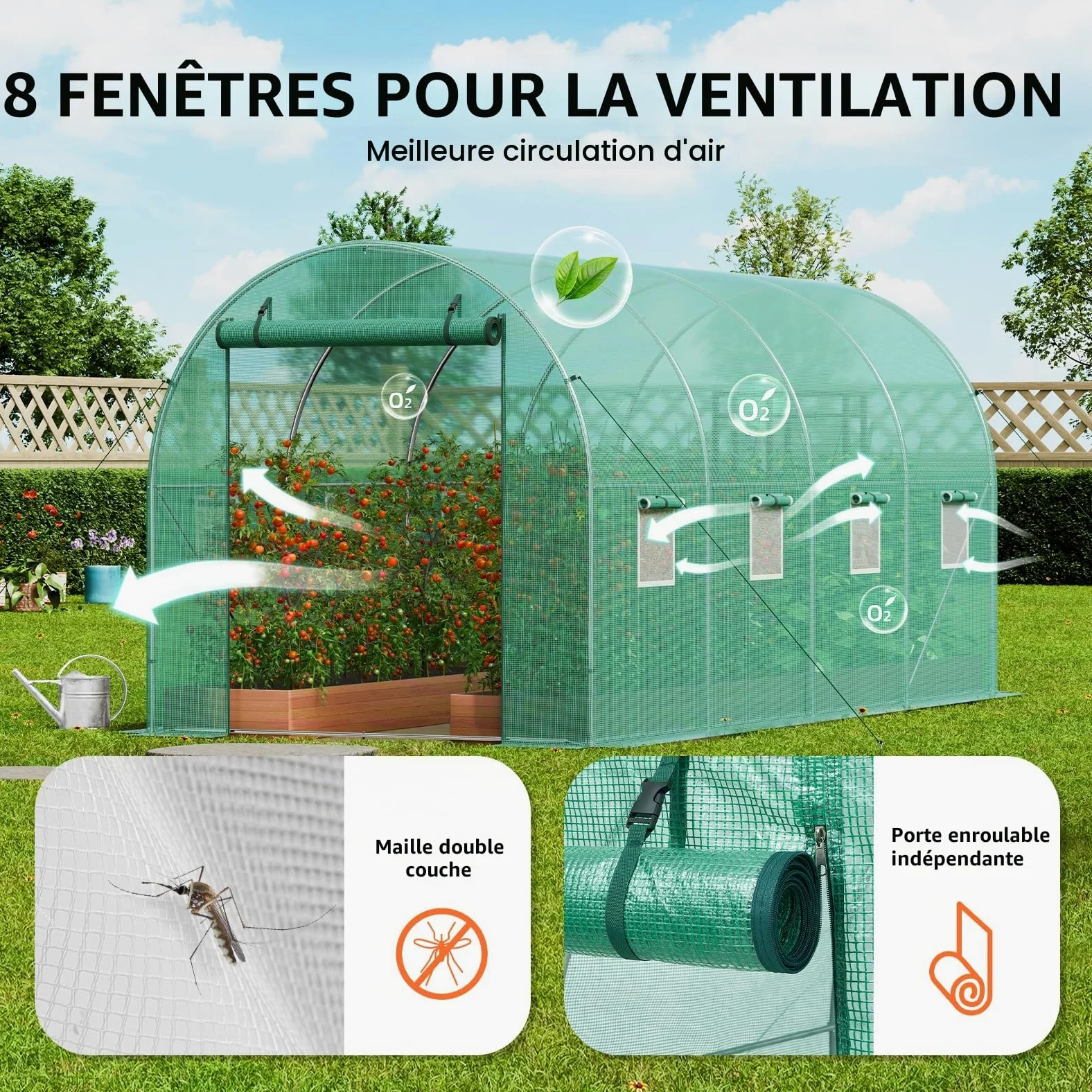VEVOR Serre Tunnel Jardin, 445x194x192 cm, Tente Abri Plantes avec Cadre en Acier Galvanisé, Couverture en PE Verte, Porte à Glissière Enroulable, 8 Fenêtres, pour Extérieur Cultiver Légumes Fleurs