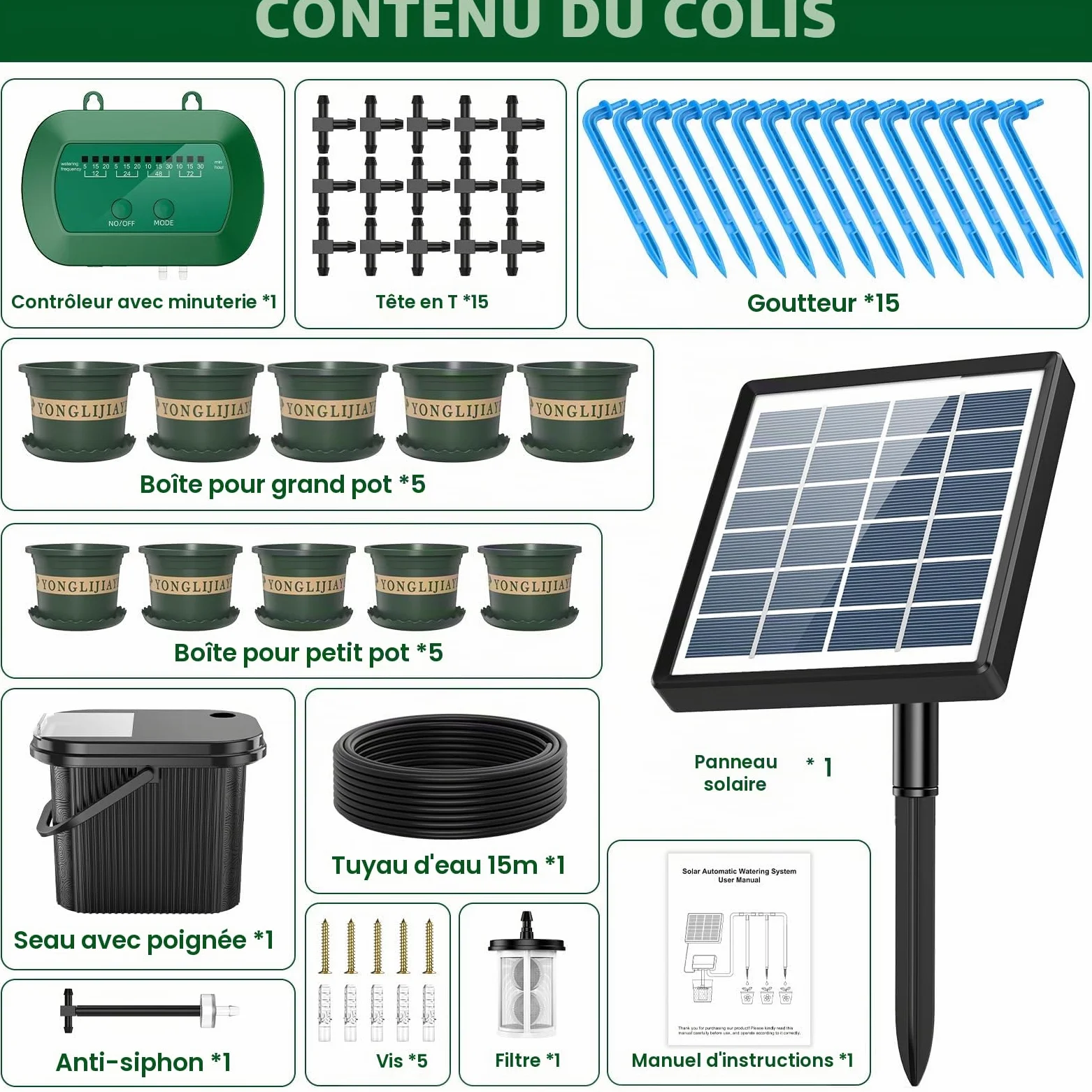 Kit d'Arrosage Automatique Solaire, Système Goutte à Goutte 15m | Avec Tuyau, Seau et 10 Pots de Fleurs, Programmateur Automatique pour Vacances, Balcon et Plantes en Pot