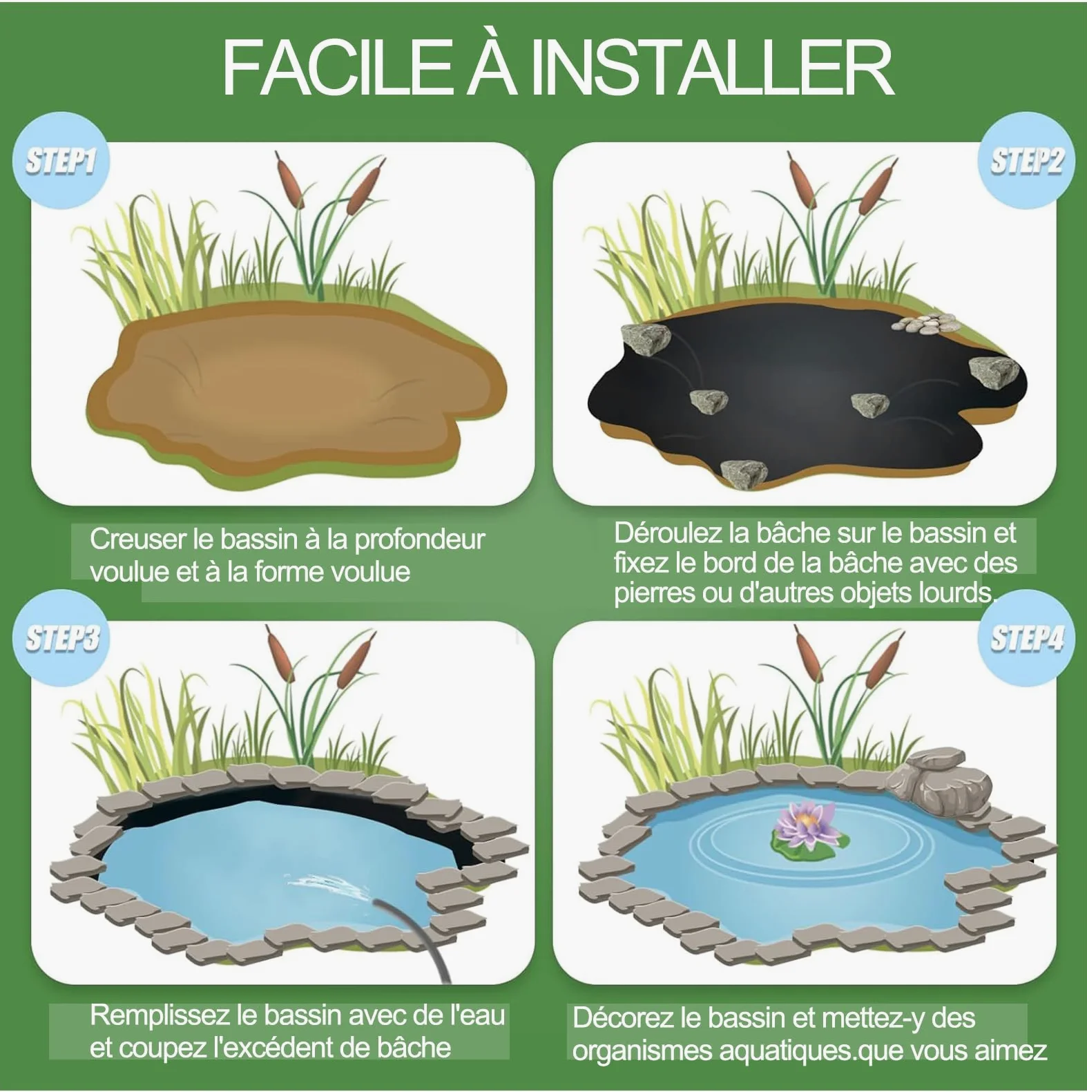 5x7.5m Liner bassin bache Noire agricole bassin Poisson Exterieur Jardin Facile à Installer étanchéité étanche et étanche bâche bassin extérieur bache epdm protéger l'étang Coupe Facile