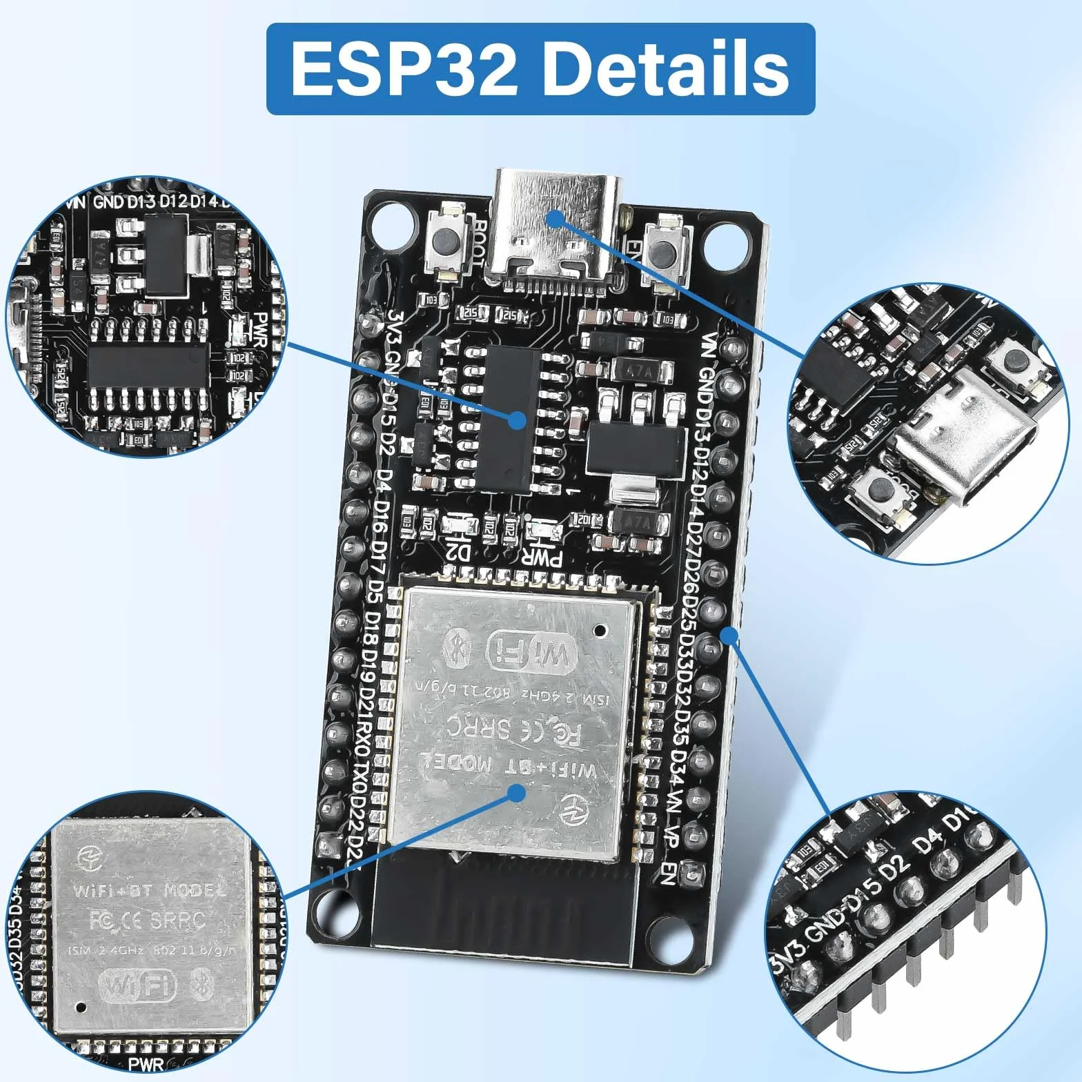 Diymore ESP32 NodeMCU Carte de développement USB C 2.4 GHz WiFi Bluetooth CH340