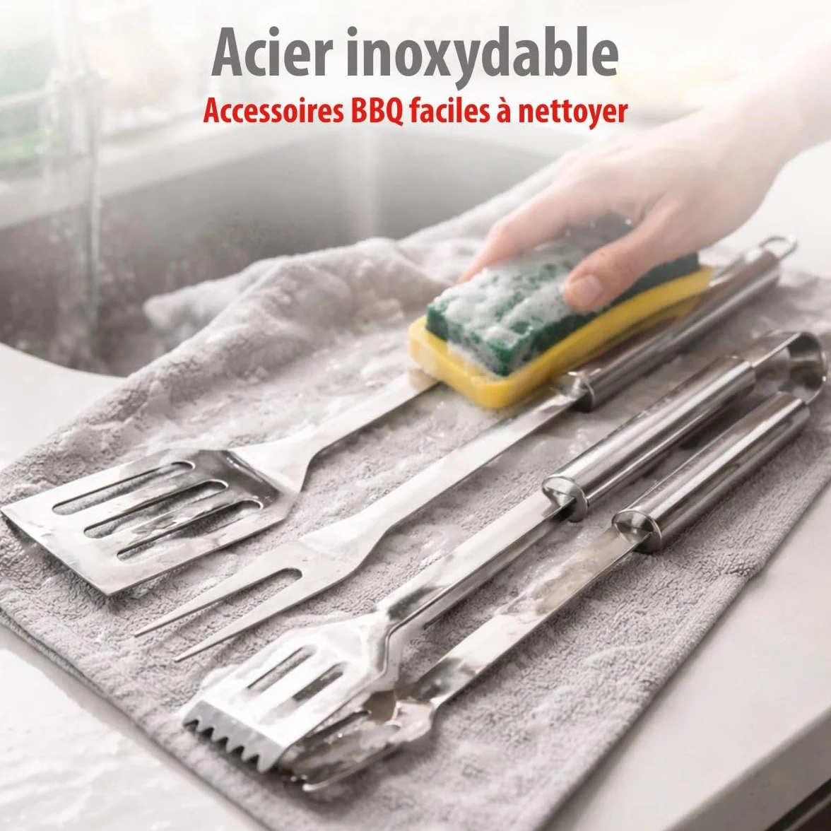 Alpina Kit Barbecue Ustensiles 3 Pièces - Pince et Spatule Acier Inoxydable - Fourchette à Viande Argent