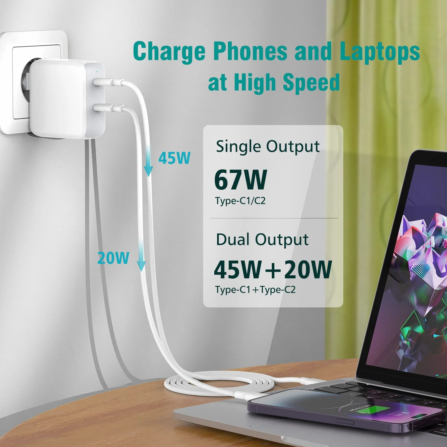 Chargeur MacBook 67W USB C 65W Rapide avec Câble 2M pour MacBook Air/Pro, iPad Pro/Air