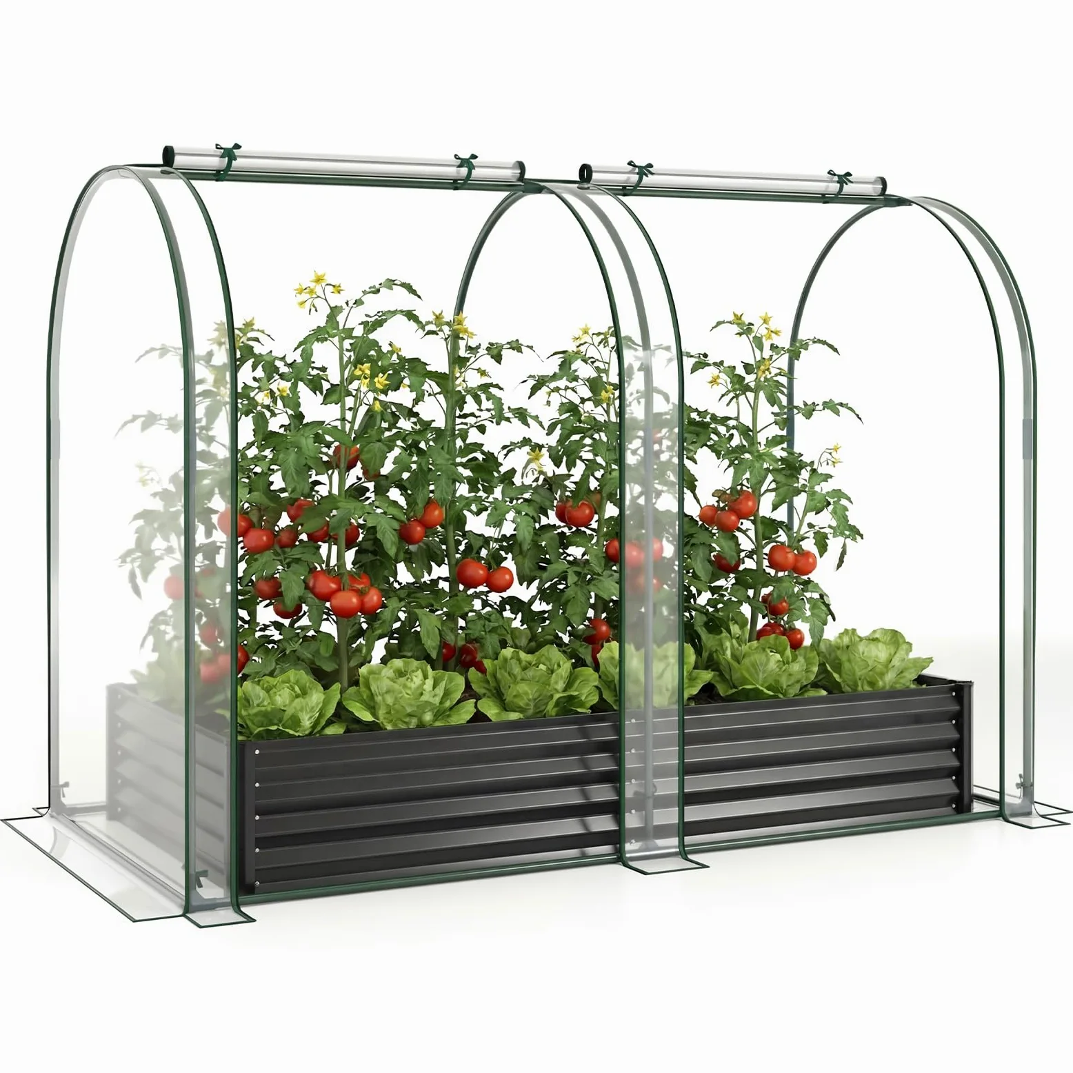 HOMASIS Serre 2 en 1 avec Plate-Bande Surélevée, Protection hivernale, Serre Froide en Métal et Film PVC avec 2 Fenêtres, pour Jardin et Balcon (198 x 100 x 145 CM,Argent)