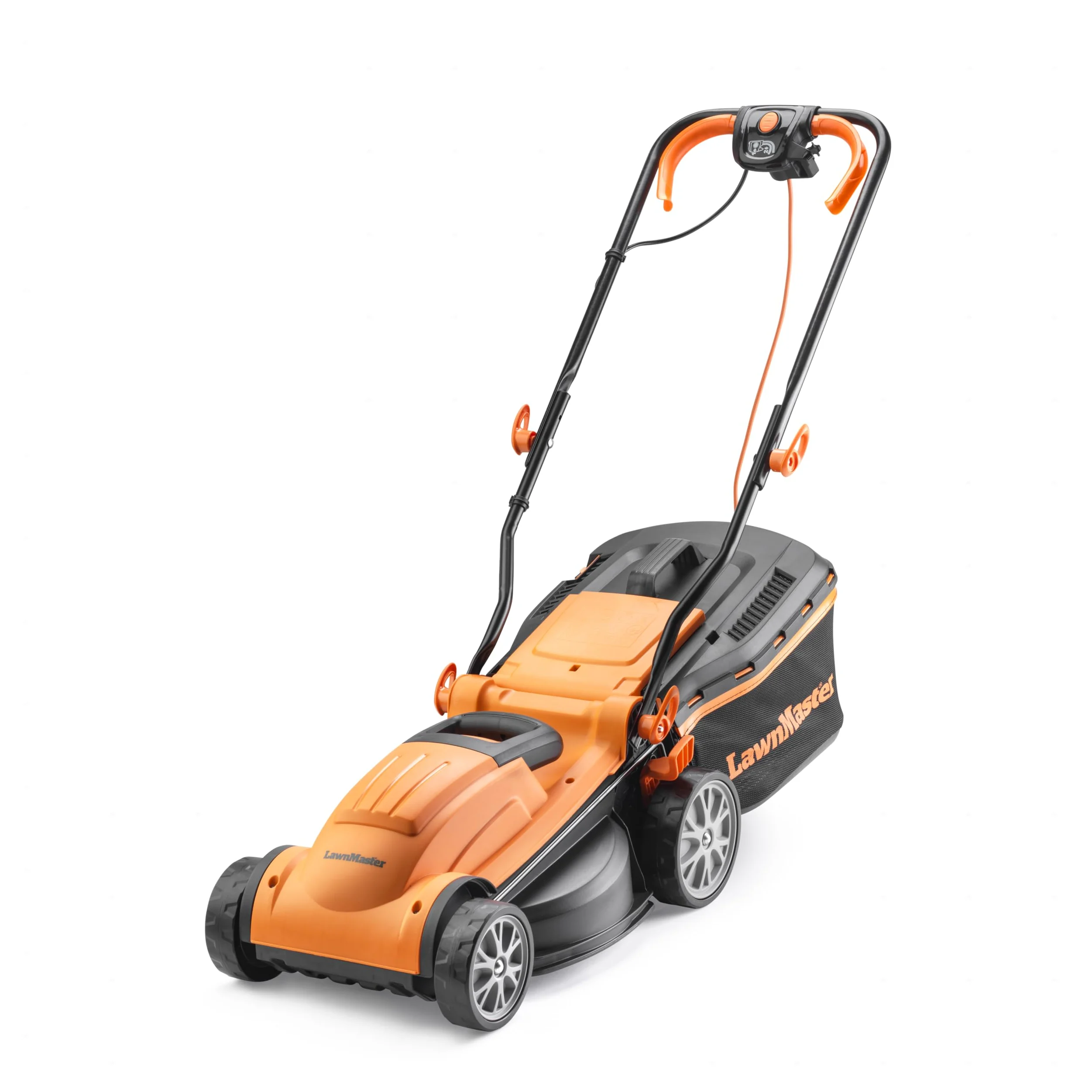 LawnMaster Tondeuse à gazon électrique 1400 W avec largeur de coupe de 34 cm, idéale pour les pelouses de petite et moyenne taille. Avec 6 hauteurs de coupe réglables et rouleau arrière pour une