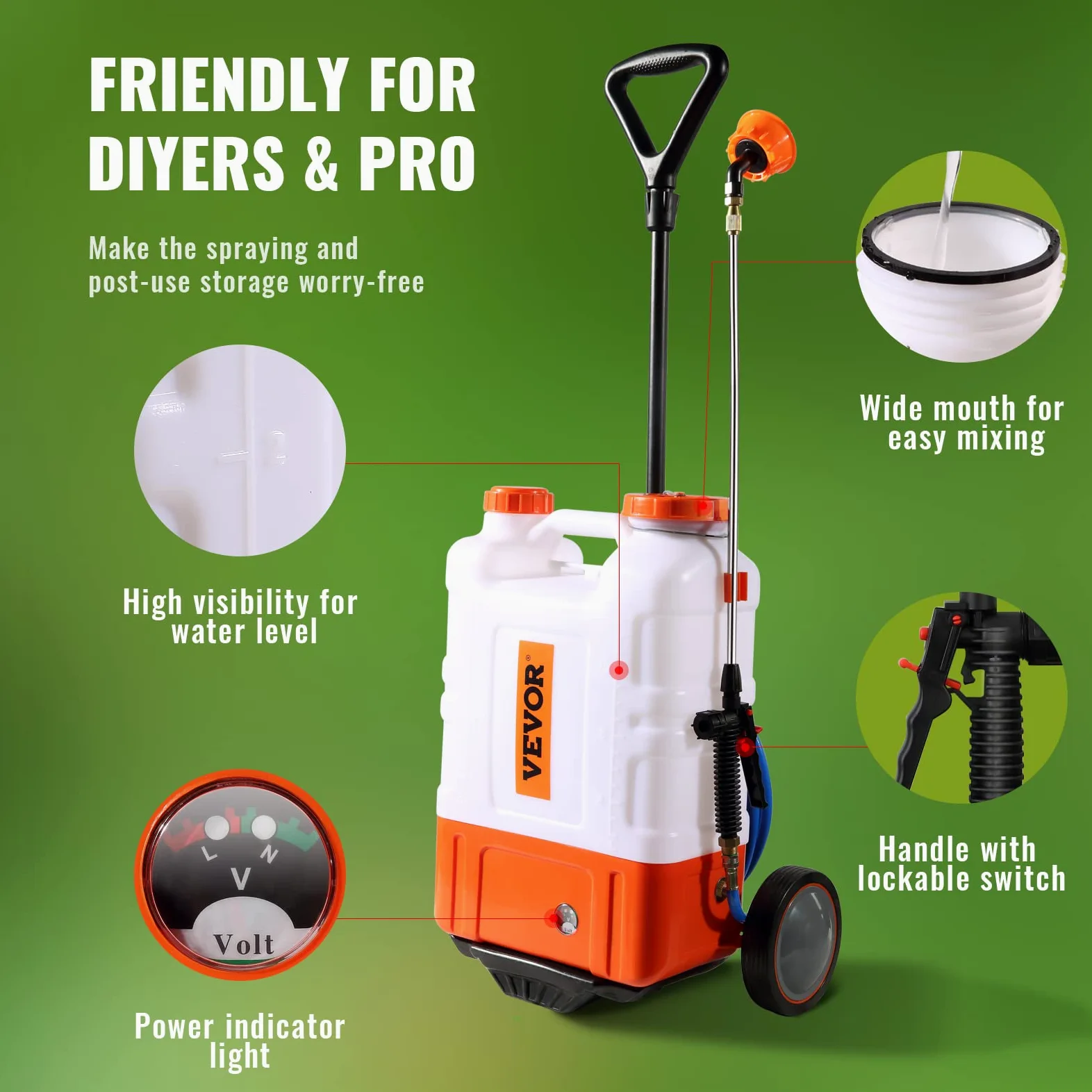 VEVOR Pulvérisateur à Dos avec Chariot, Pression réglable 0-94 PSI, réservoir 15 L sur Roues, avec 8 Buses, 2 Baguettes, Couvercle à Large Ouverture pour Jardin, désherbage, pulvérisation, Nettoyage