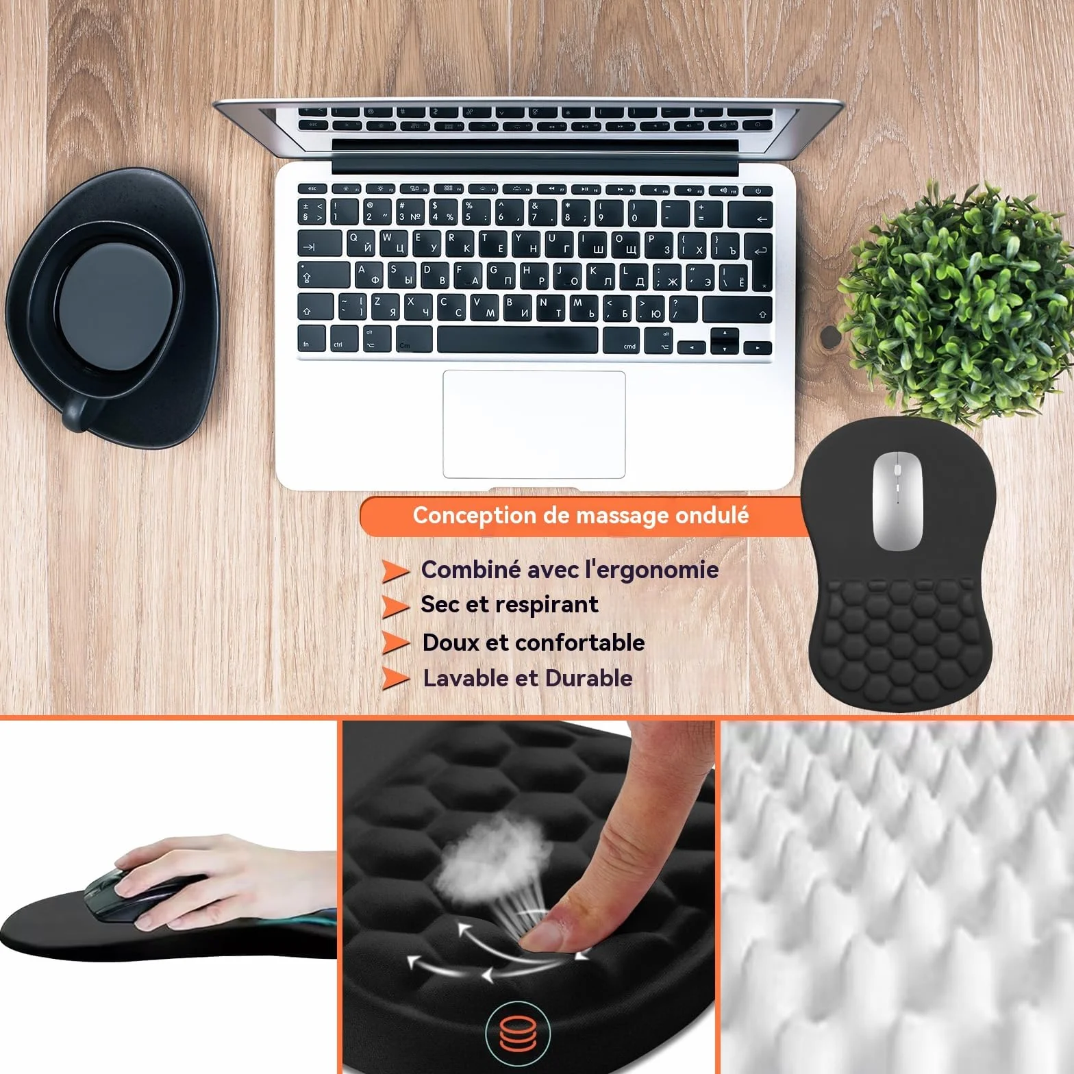 Tapis Souris Ergonomique Repose-Poignet avec Éponge Mémoire et Base Antidérapant pour Jeux et Bureau