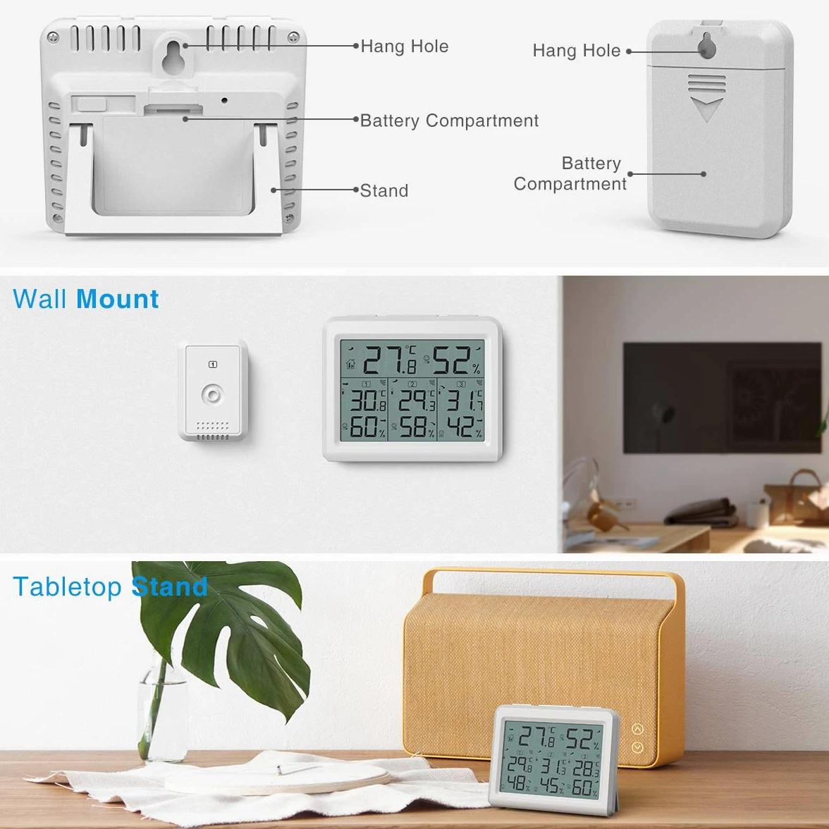 Indoor Outdoor Thermometer, Temperature Humidity Monitor with 3 Wireless Sensors, Humidity Gauge with LCD Backlight, Room Thermometer Hygrometer for Home