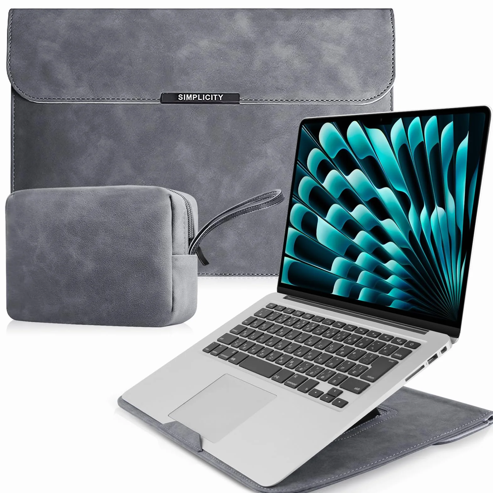 Housse pour Laptop avec Stand 13-14 Pouces PU Cuir pour MacBook Pro 13" 14" M5/M4/M3/M2/M1 Pro/Max, MacBook Air 13" 13,6" M5/M4/M3/M2/M1 - Gris