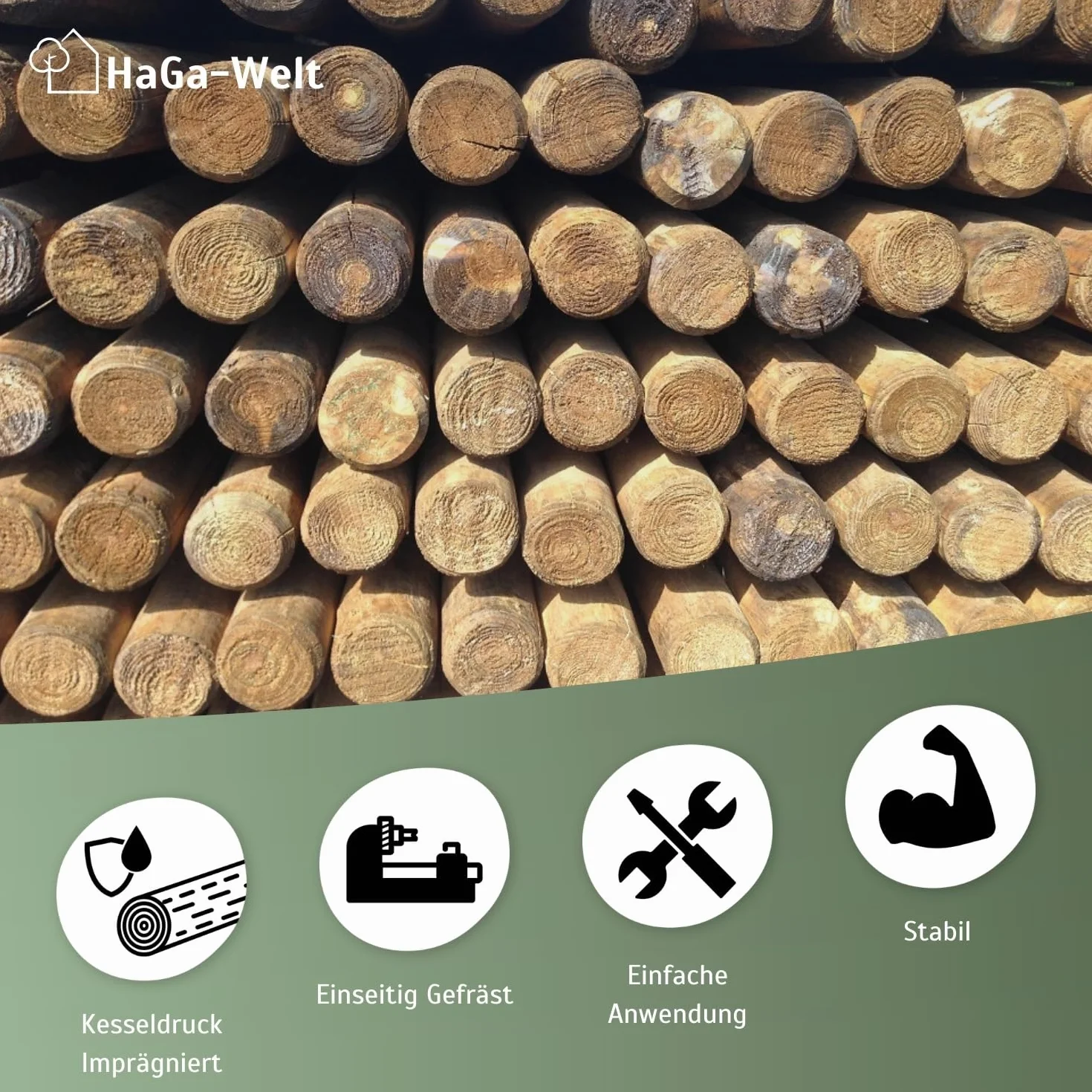 HaGa Lot de 10 piquets ronds en bois de pin pour clôture - 5 cm de diamètre - Hauteur 150 cm - Éléments de clôture pour clôture en bois, clôture pour chien, clôture de pâturage