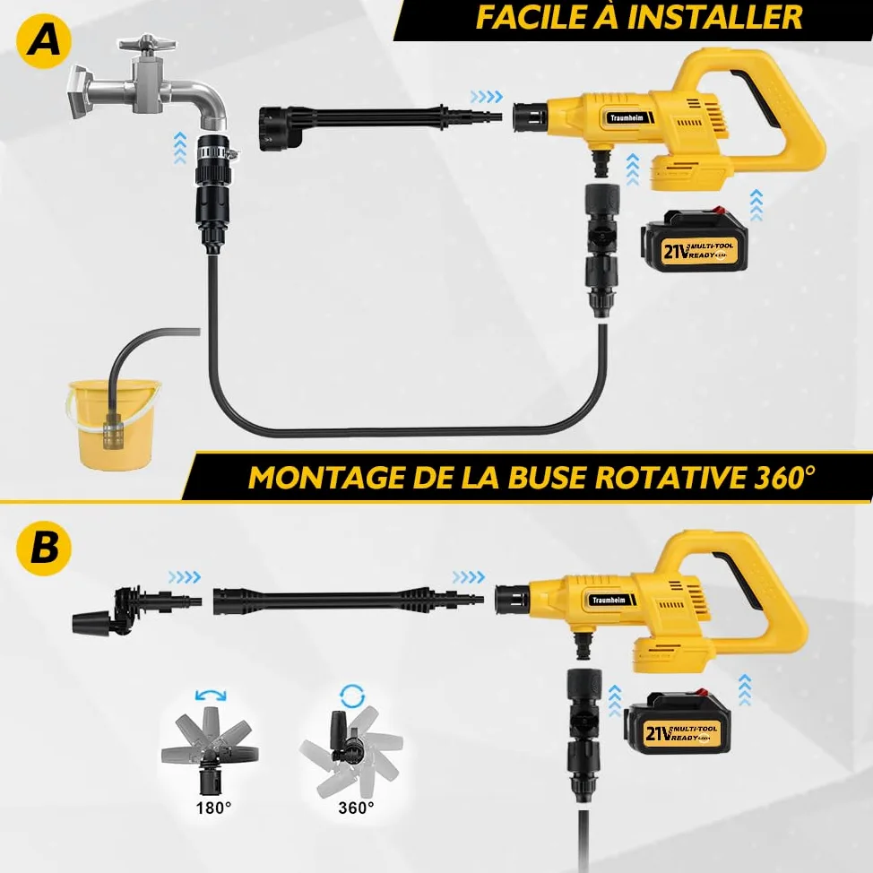 Nettoyeur Haute Pression à Batterie 21V, 68 Bar / 990 PSI, avec 2 Batteries de 4000 mAh, Ensemble d'accessoires de 17 pièces, Tige d'allongement,Jaune foncé | Moteur sans balais, buse rotative à 180°/360°, buse 6 en 1, raccord de bouteille, barre d'extens