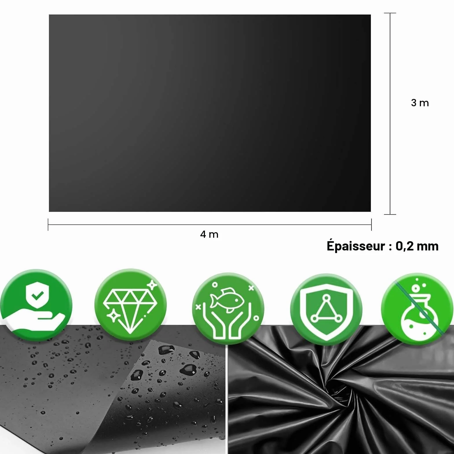 Bâche Bassin Extérieur 3x4m 0.2mm Epaisseur Liner Jardin pour Bassins d'Agrément Poisson Cascade