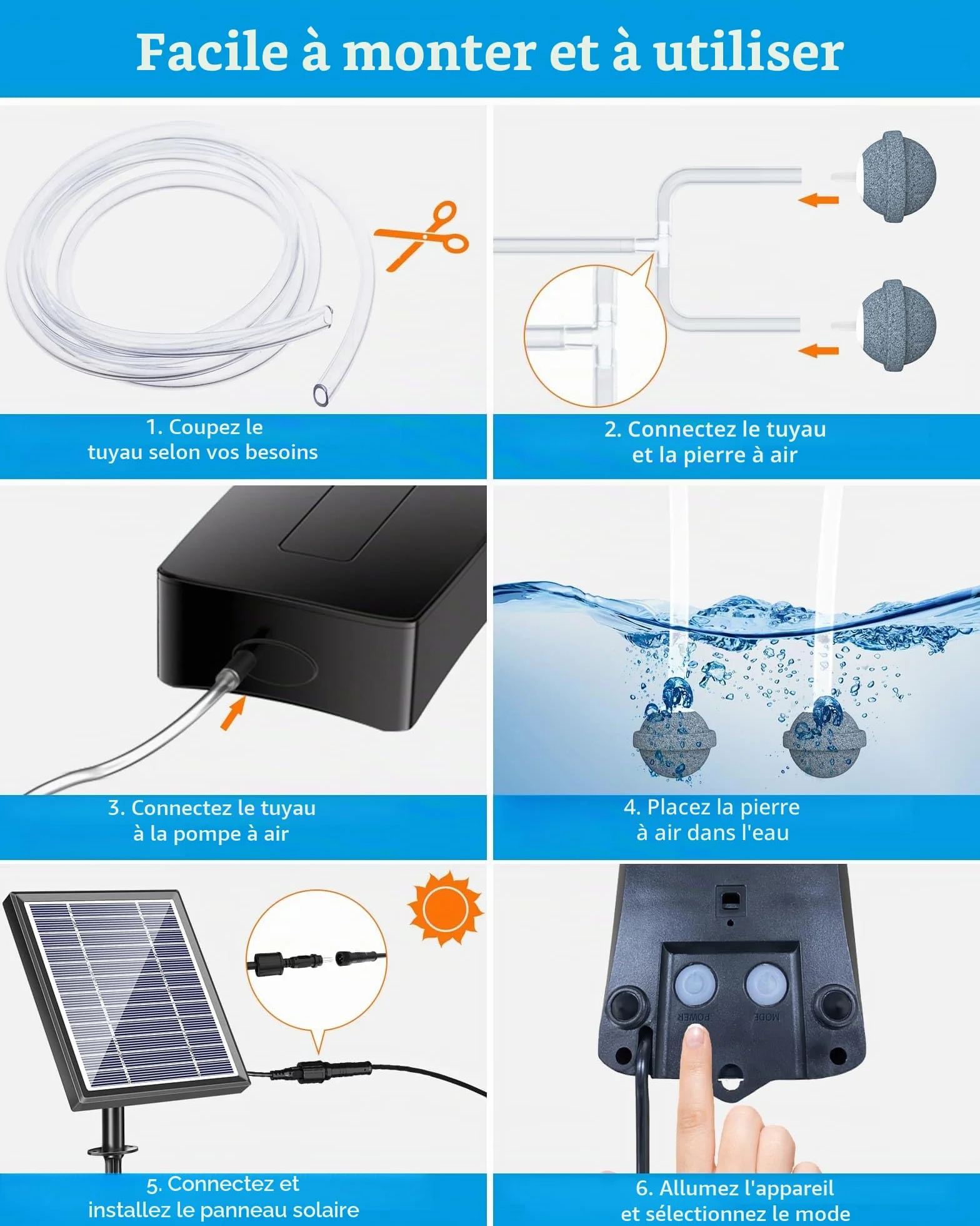 Biling Pompe à air Solaire 2.5W pour Aquarium Oxygenateur Extérieur avec Tube d'oxygène et Pierre à Bulles