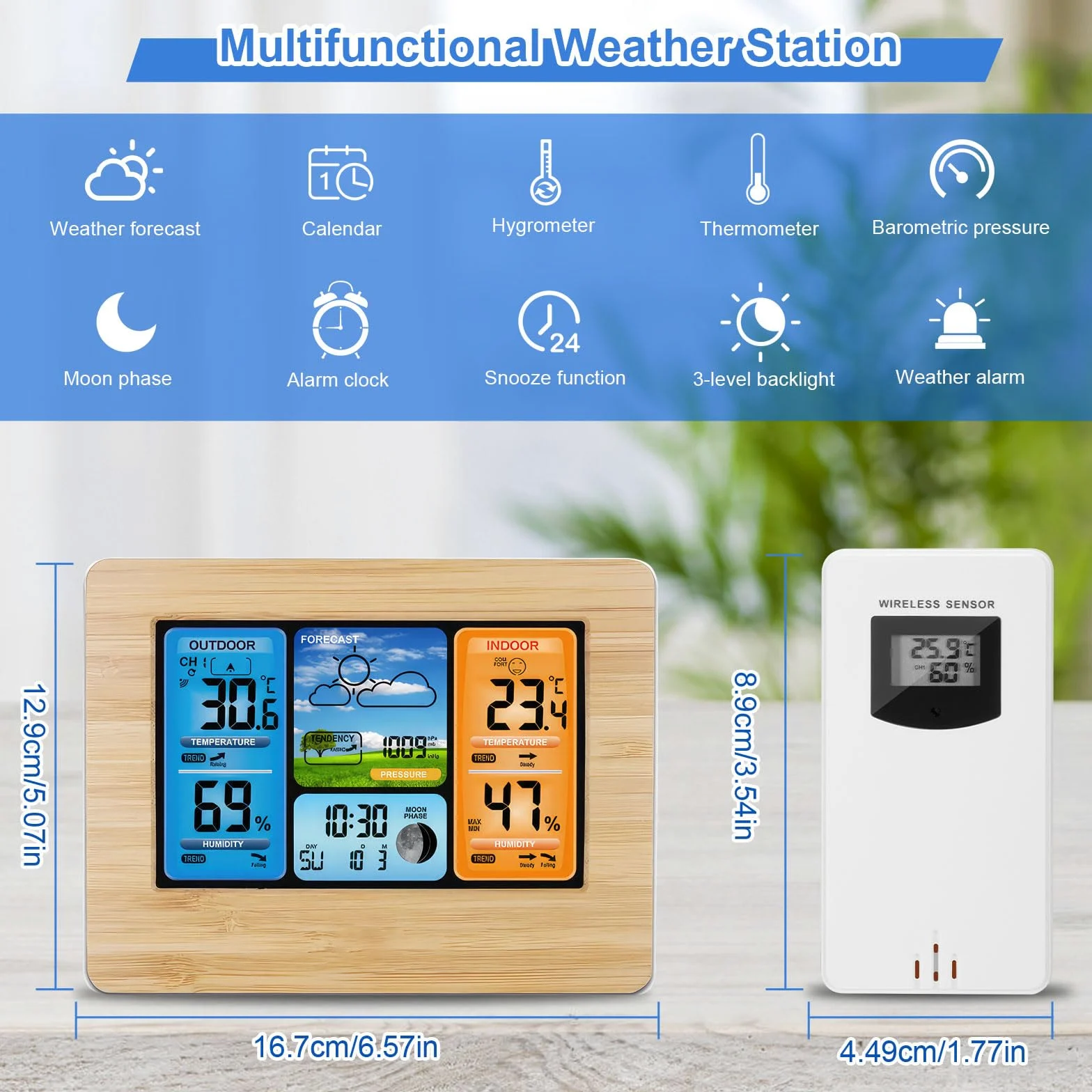 Station Météo Intérieur Extérieur Sans Fil avec 1 Capteurs | écran Couleur Réveil Numérique Sans Fil Baromètre Moniteur de Température et D'humidité Prévisions Météorologiques